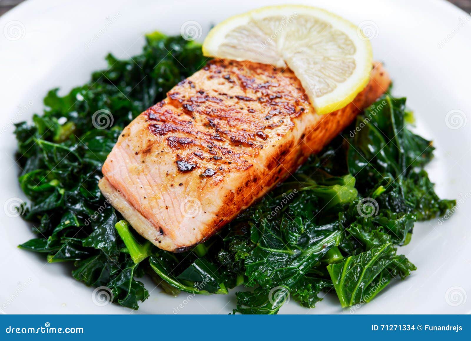 Pan Fried Salmon Served with Kale on Plate Stock Photo Image of fish