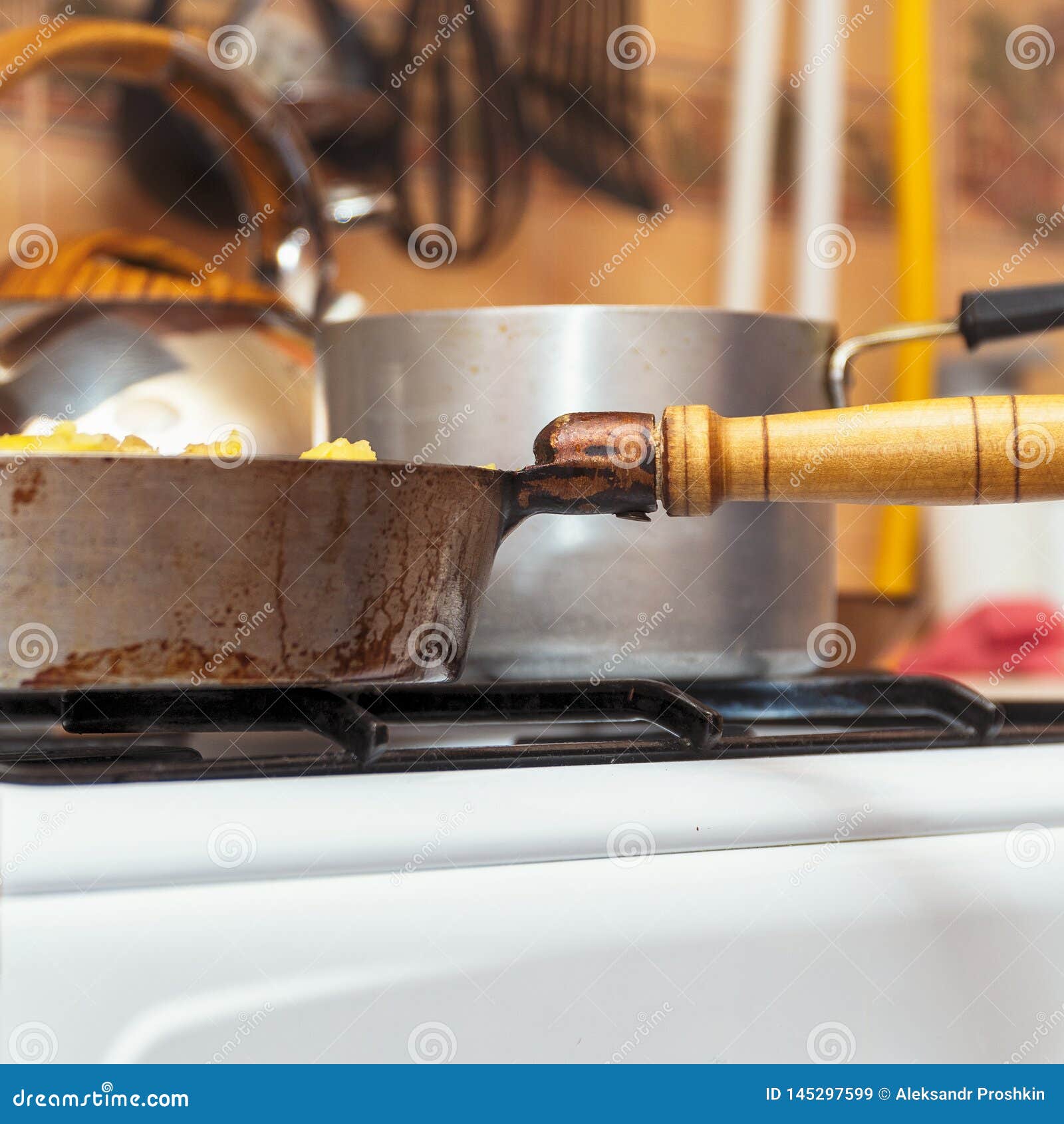 Pan on the Gas Stove Closeup. Kitchen Utensils Stock Image Image of burner, bowl 145297599