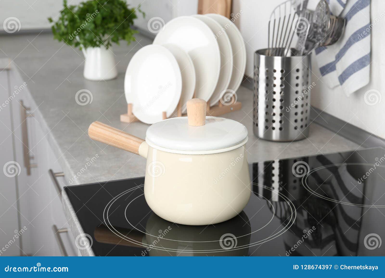 Pan on Modern Electric Oven Cooktop Stock Image Image of household
