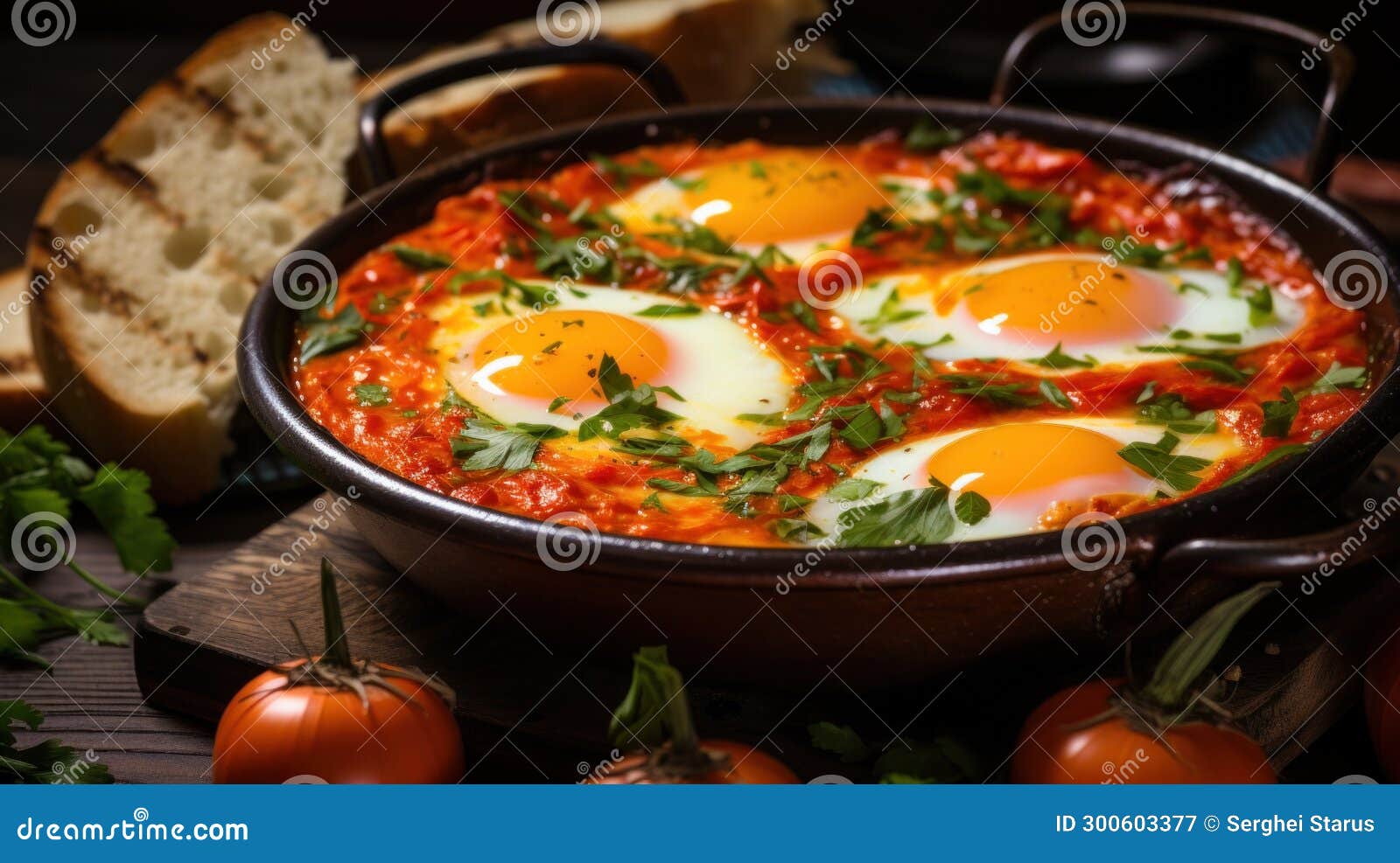 A Pan of a Shakshuka, Middle Eastern Dish with Eggs and Tomatoes on Top