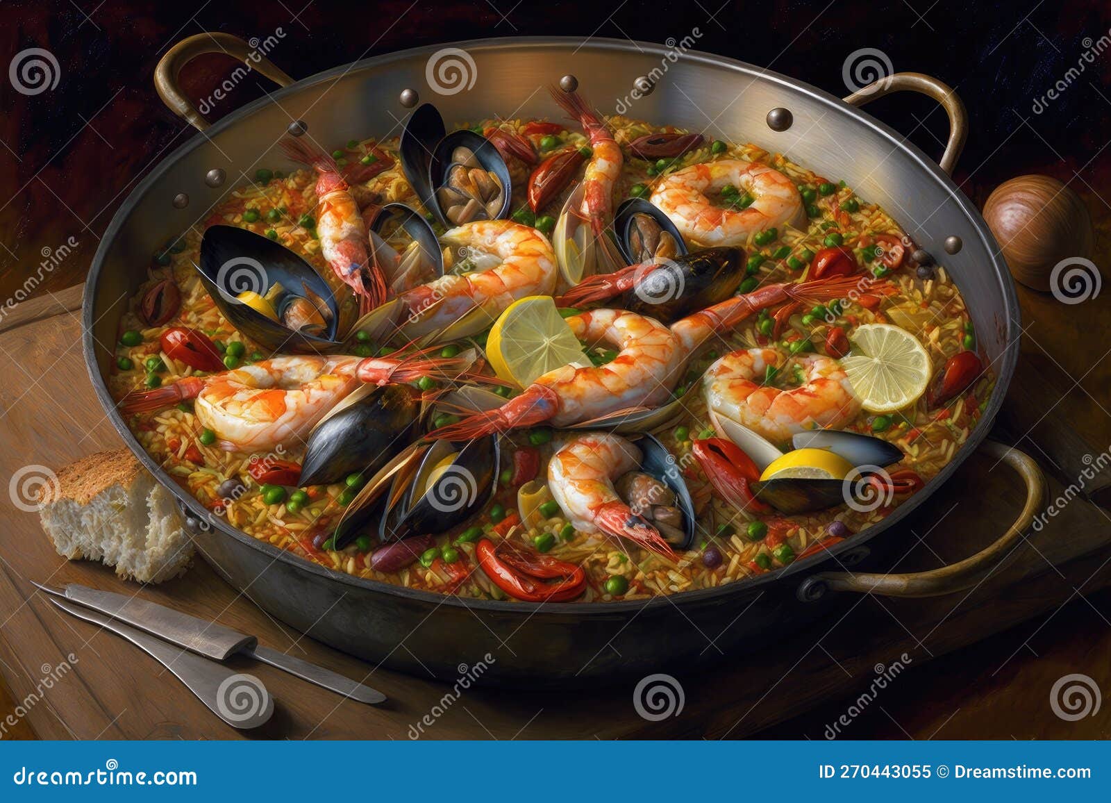 Pan of Spanish Paella Closeup. Stock Illustration Illustration of
