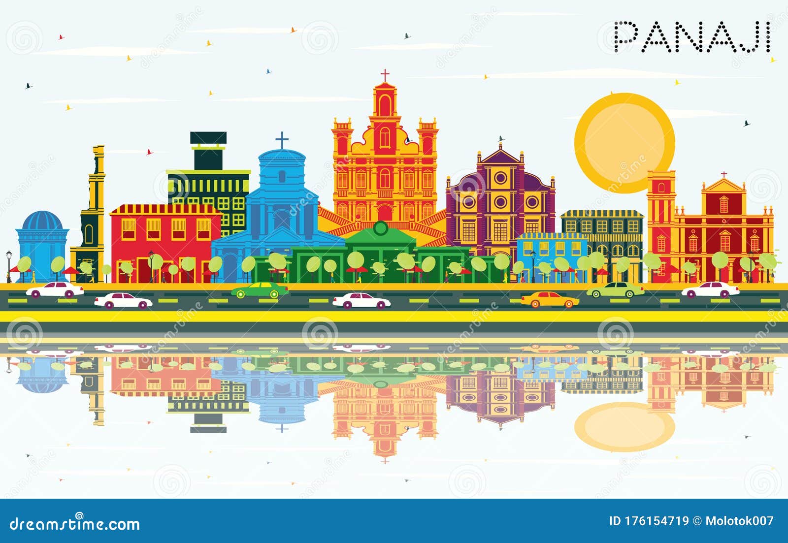 panaji india city skyline with color buildings, blue sky and reflections
