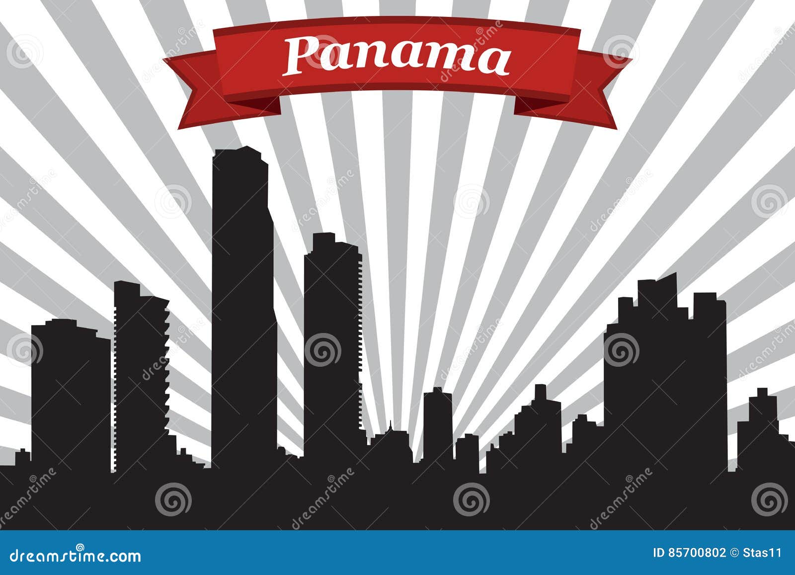 Panama City Skyline with Rays Background and Ribbon Stock Vector