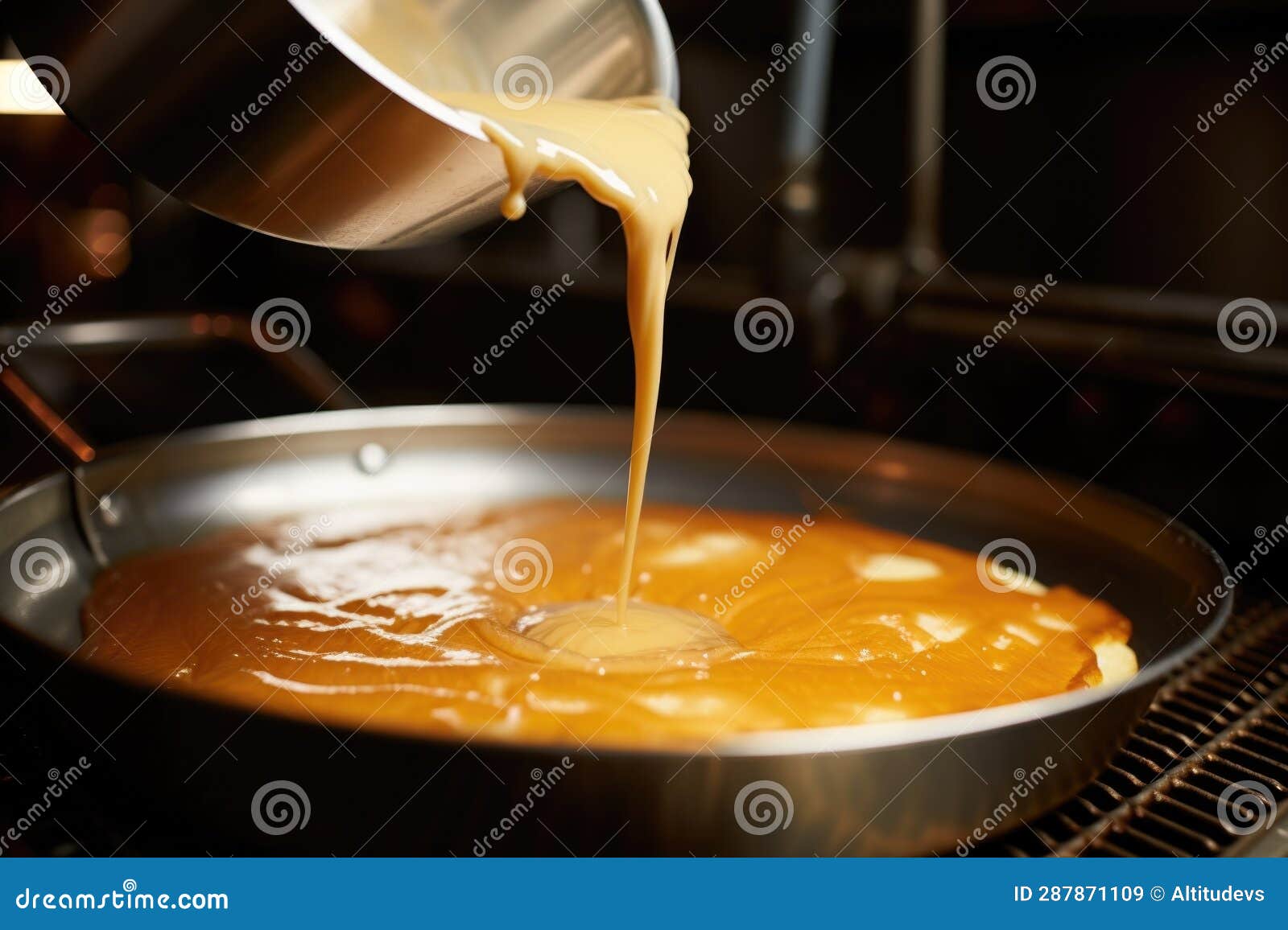 Pancake Batter Being Poured Onto a Hot Griddle Stock Image Image of