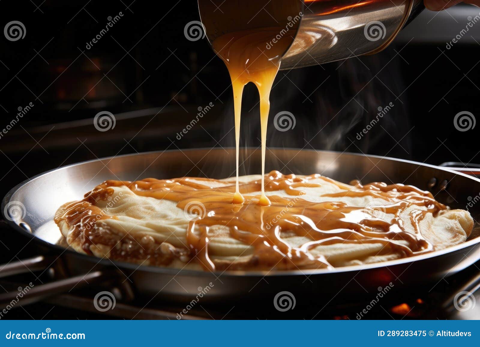 Pancake Batter Being Poured Onto a Hot Griddle Stock Image Image of