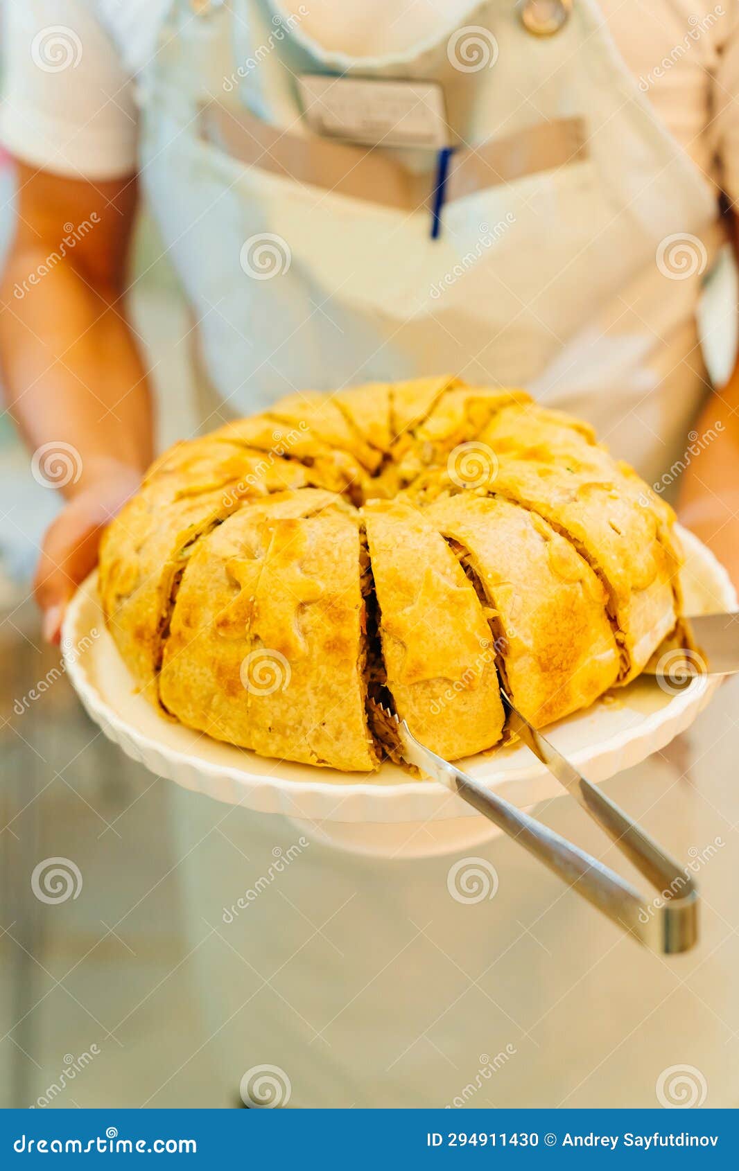 Traditional Russian pancakes pie - kurnik. Stock Photo