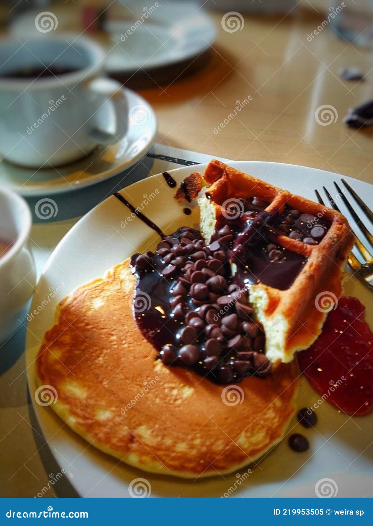 Pancake and Waffle with Chocolate Chips Topped Stock Image Image of