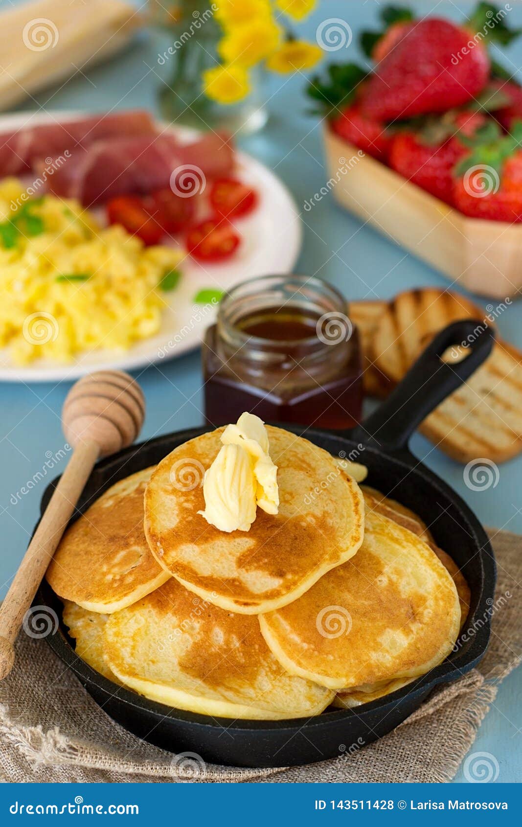 Pancakes With Butter Served With Scrambled Eggs And Ham For Breakfast Stock Photo Image Of Hotcake Tasty
