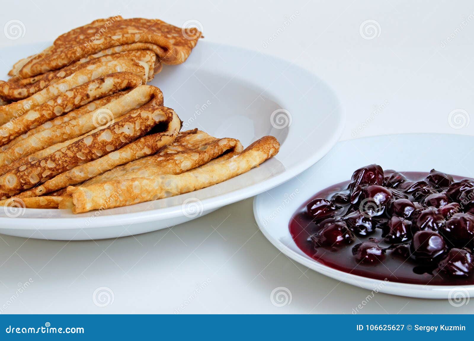Pancakes and Cherry Jam for Breakfast. Stock Image Image of morning