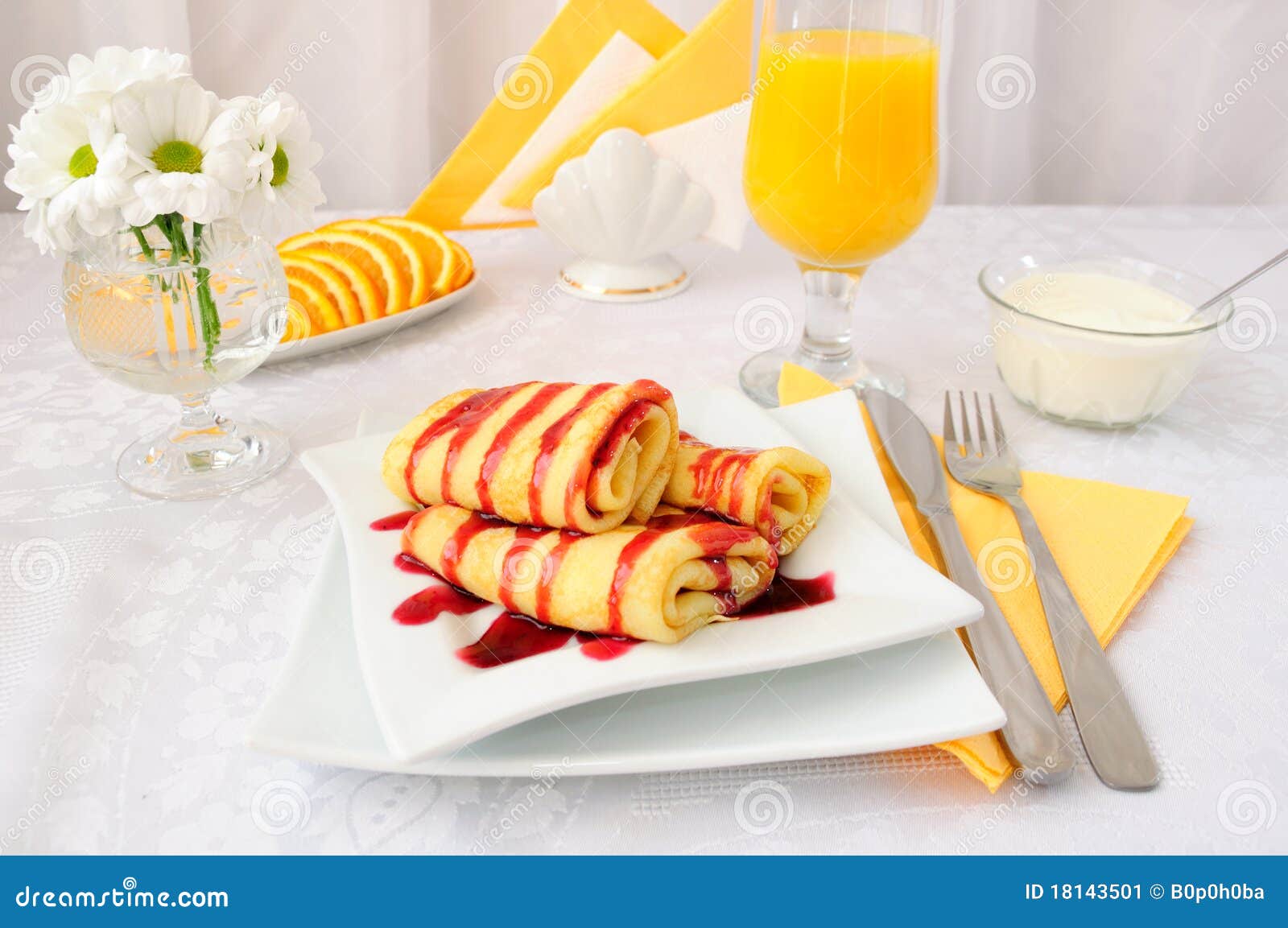 Pancakes with Cherry Syrup and Orange Juice Stock Image Image of sour