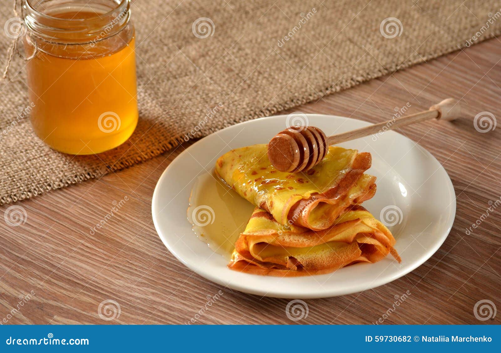 Pancakes with honey stock photo. Image of wooden, spoonful 59730682