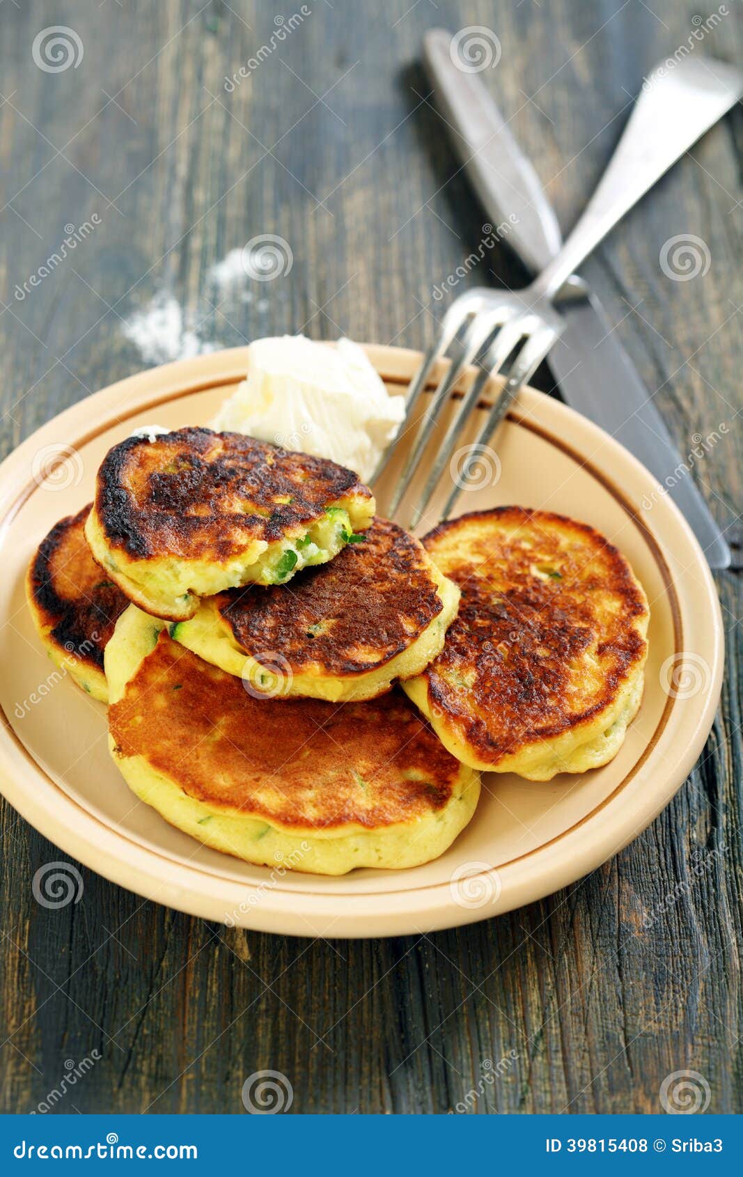 Pancakes on a Plate, Fork and Knife. Stock Photo Image of recipe