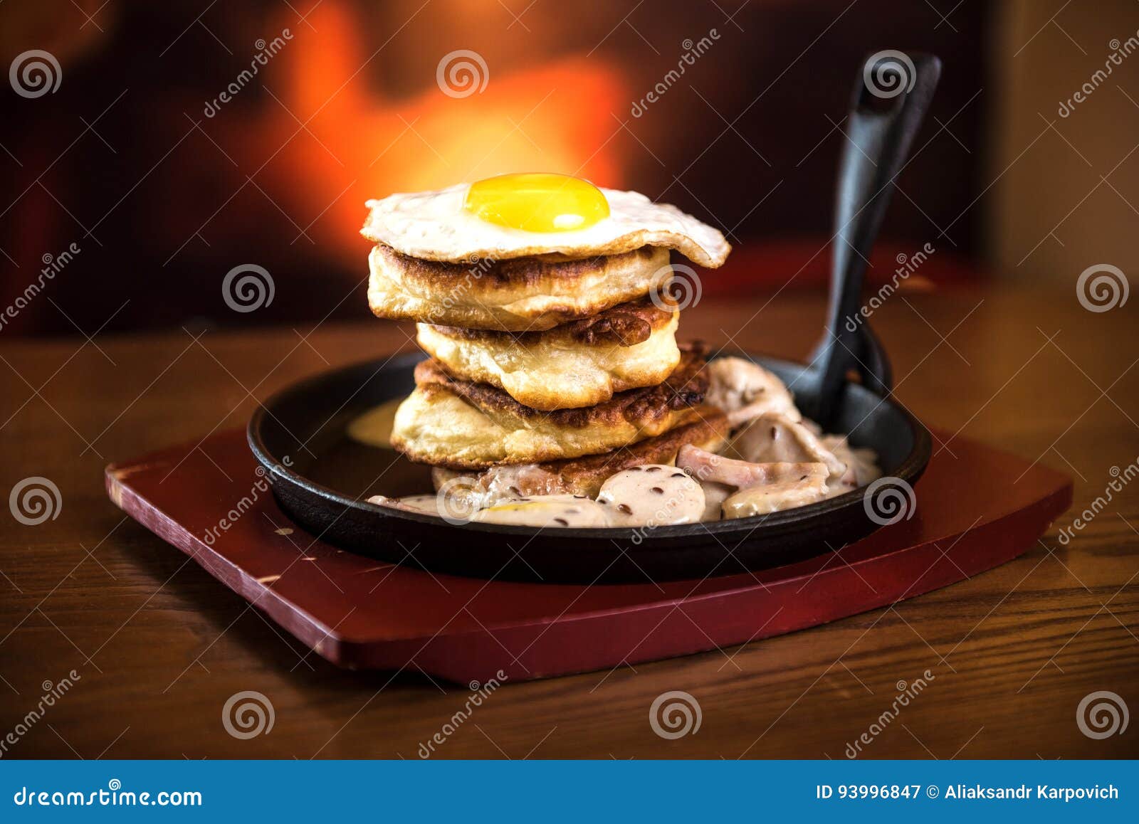 Pancakes with Sausage and Scrambled Eggs in a Frying Pan Stock Image Image of maple, orange