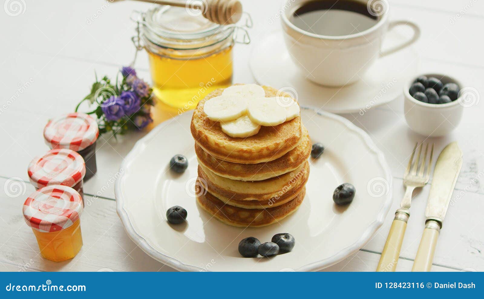 Pancakes with Slices of Banana and Berries Stock Photo - Image of food ...