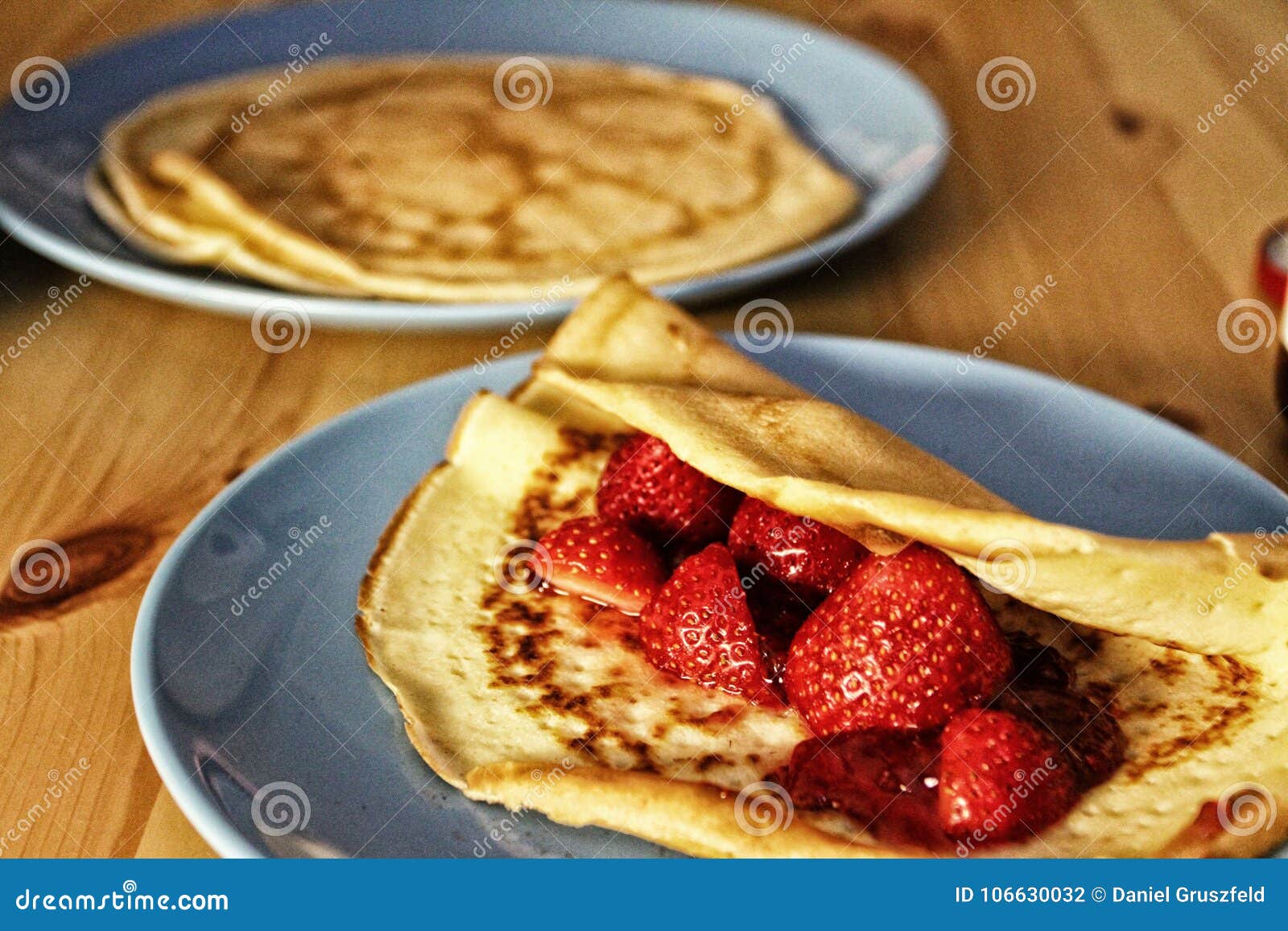 Pancakes with Strawberry Jam on the Plate Stock Photo Image of board