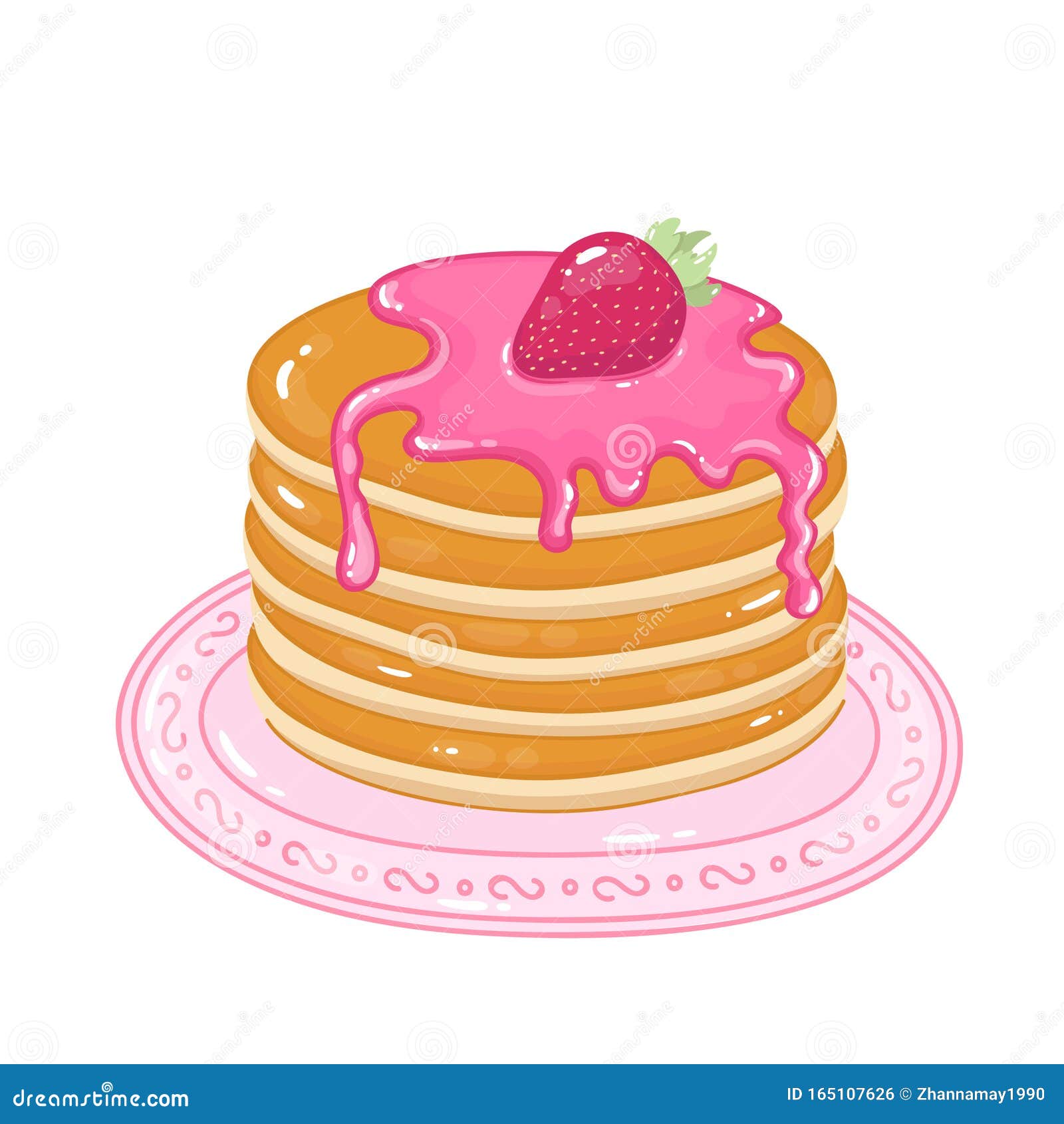 Pancakes with Strawberry Syrup and Fresh Strawberry Stock Vector