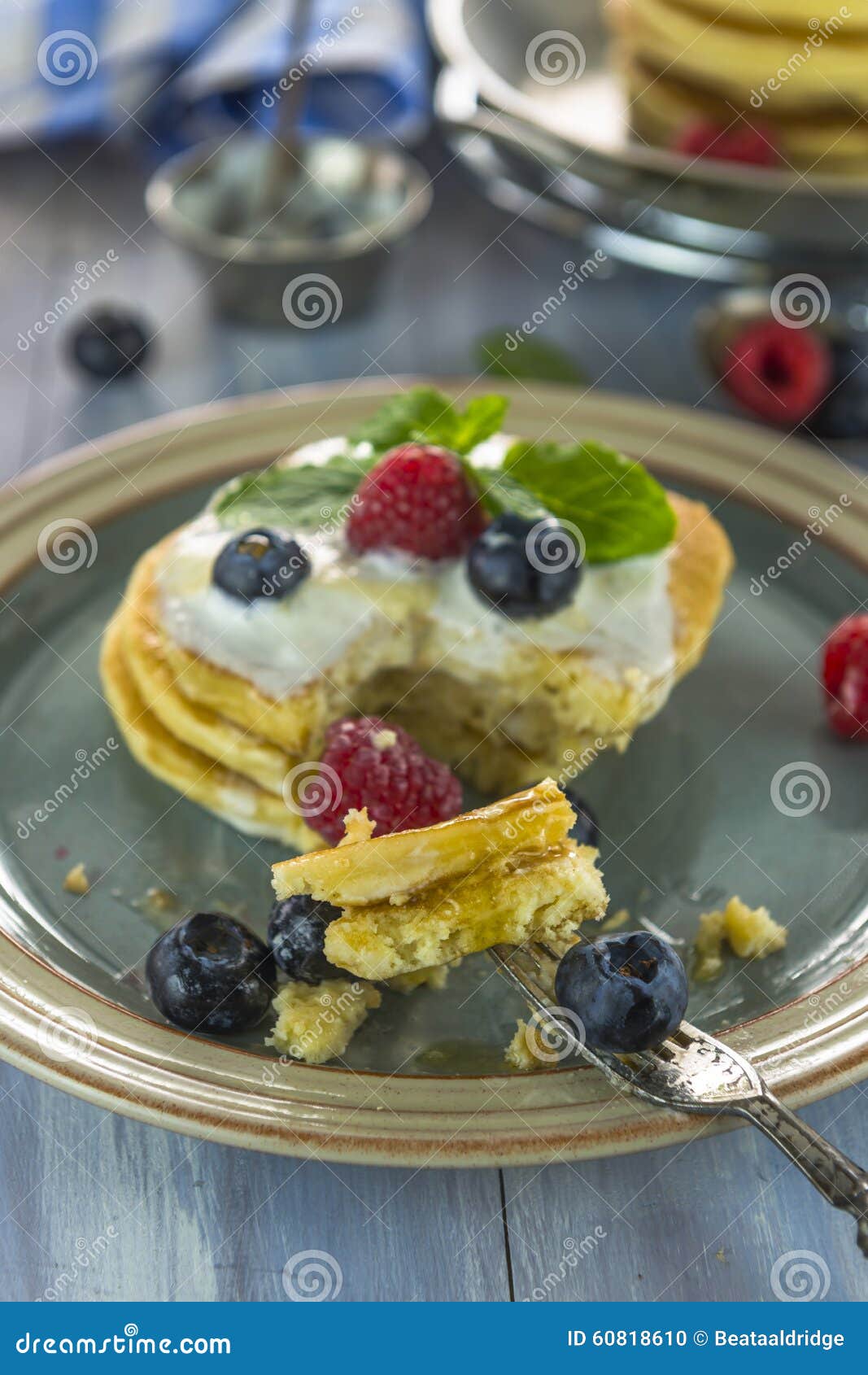 Pancakes with Whipped Cream, Honey and Berries Stock Photo - Image of ...