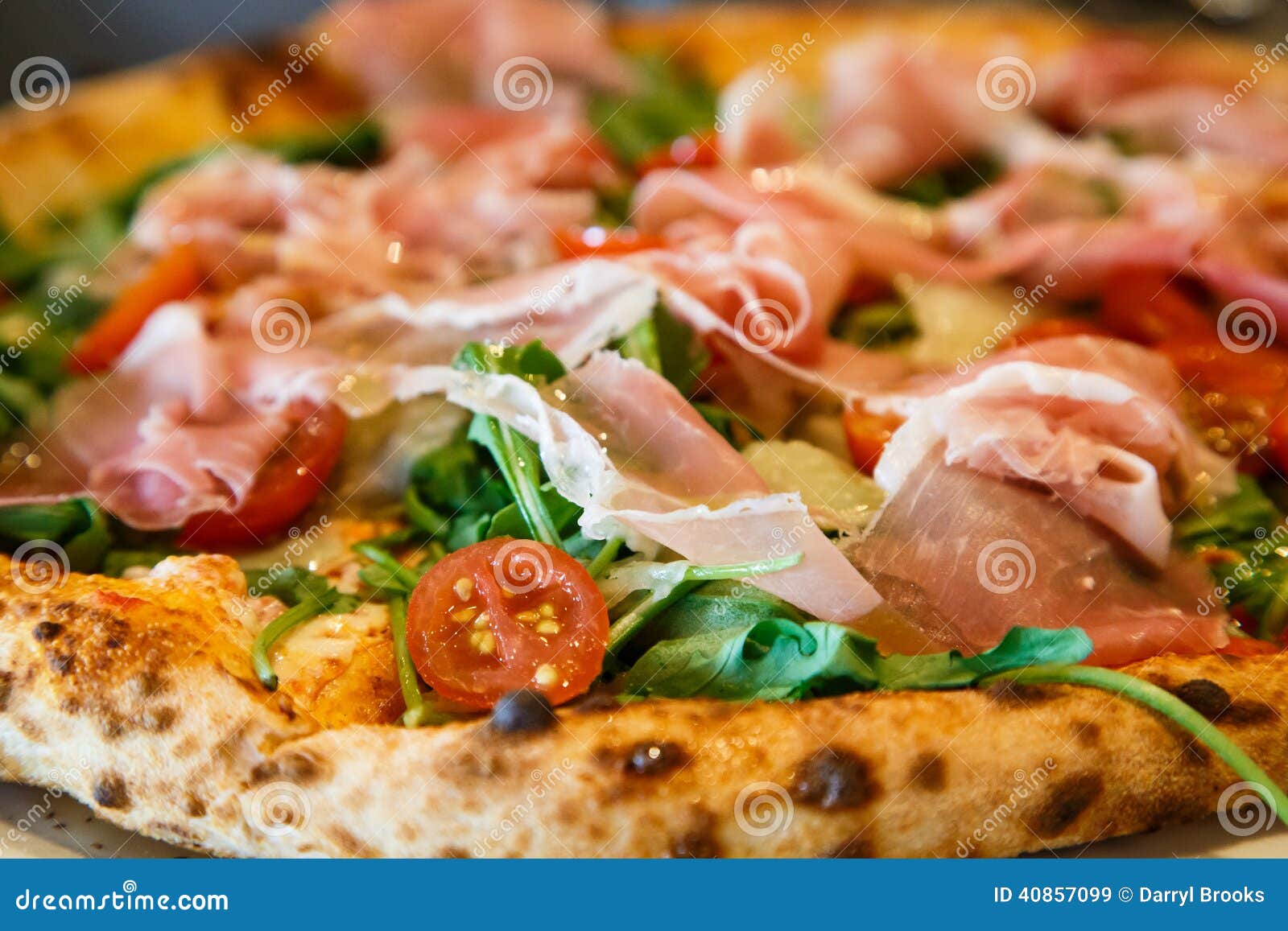 Pancetta and Arugula Pizza with Cherry Tomatoes Stock Image Image of