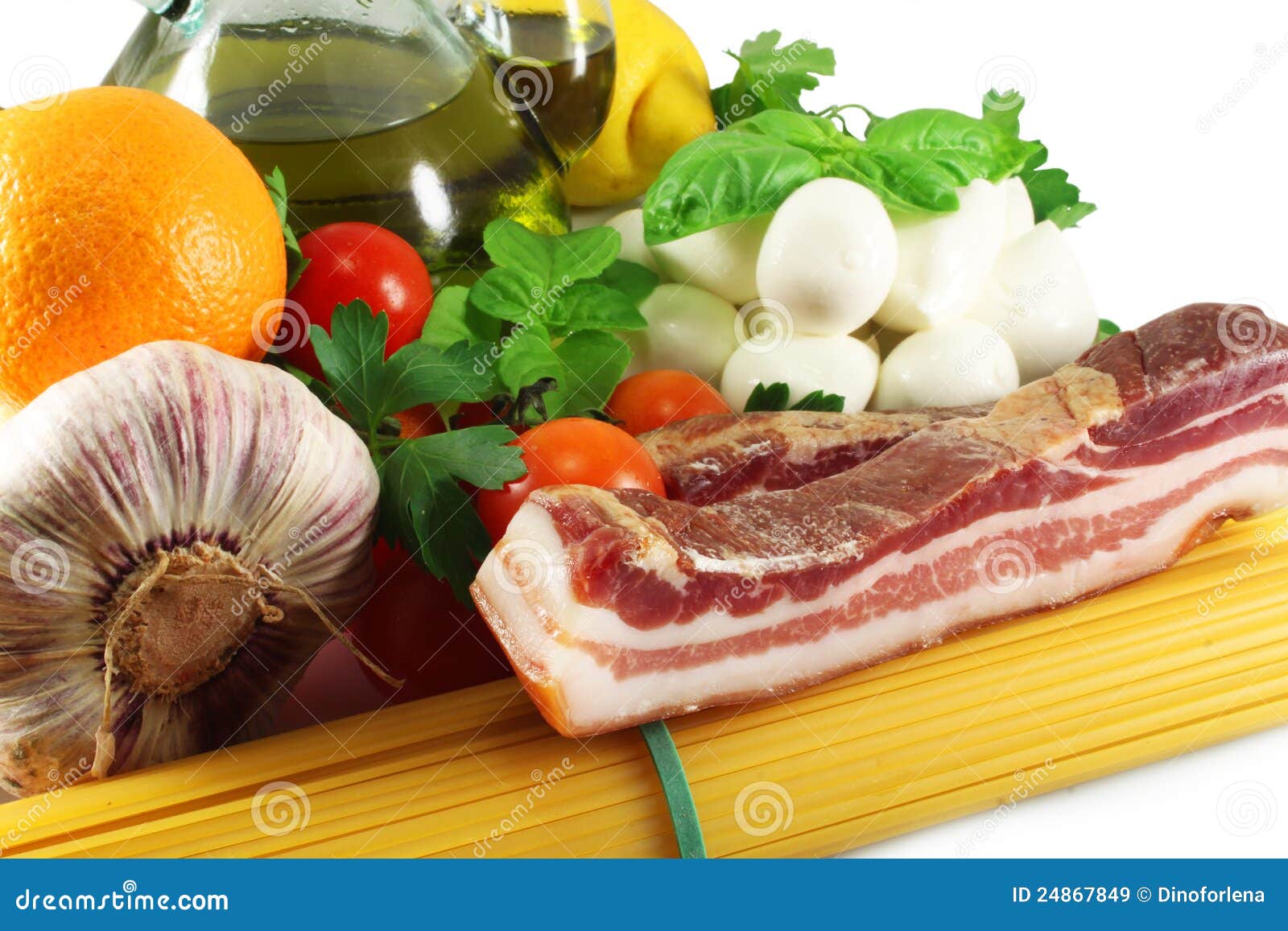Pancetta, Spaghetti, Mozzarella and Tomatoes Stock Image Image of