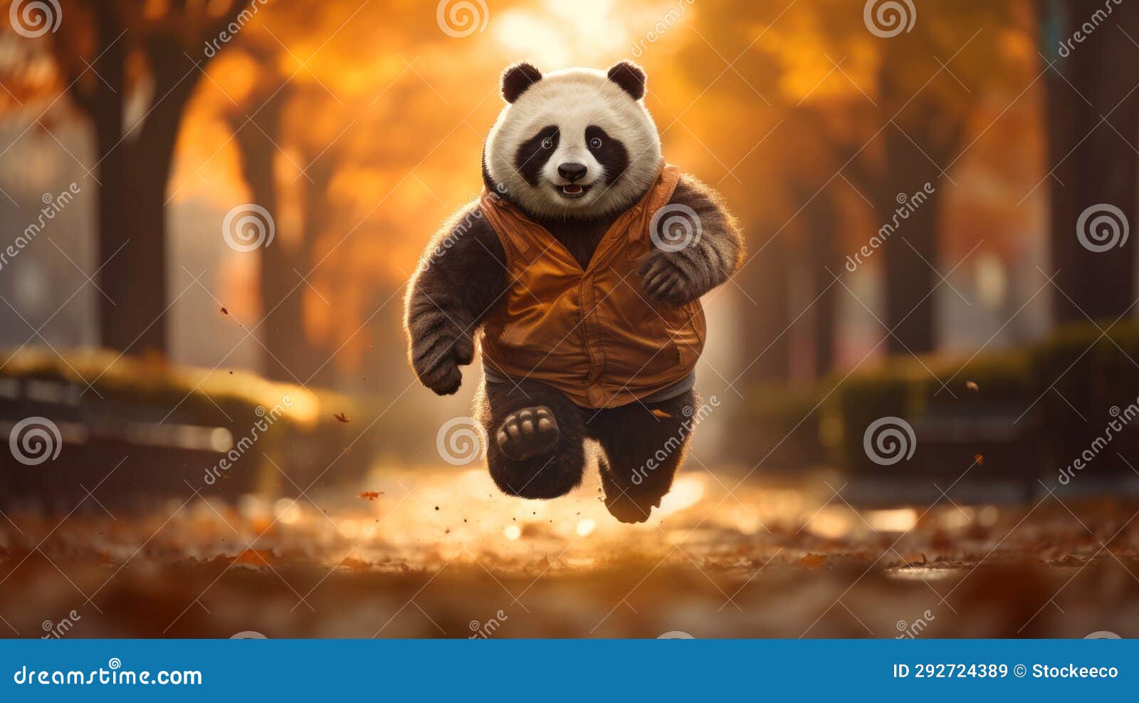 panda bear running in autumn forest: photorealistic urban scenes with pop culture references