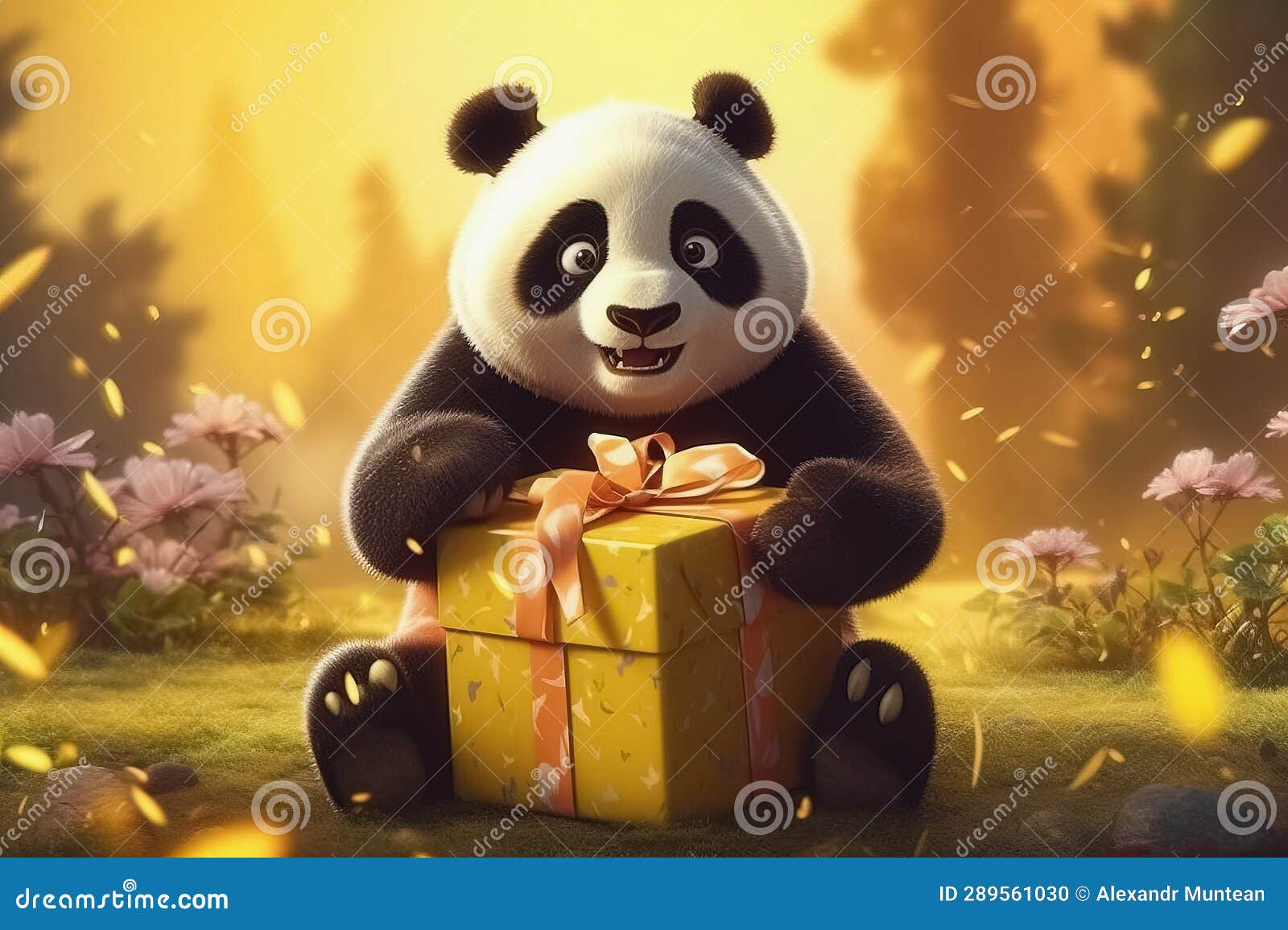 Panda bear with gift box. stock illustration. Illustration of smile