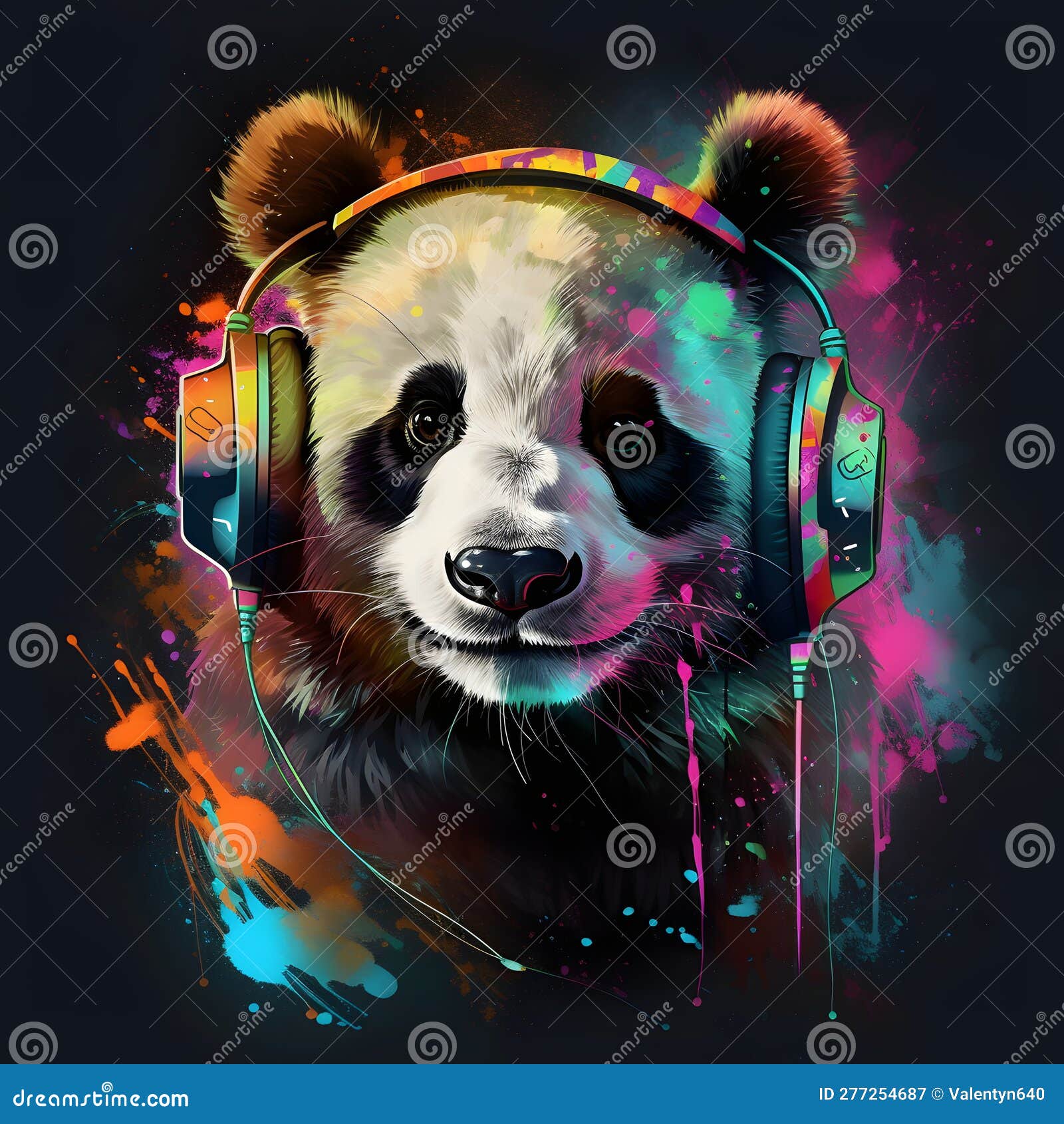 Panda Bear Wearing Headphones with Colorful Paint Splatters on it ...