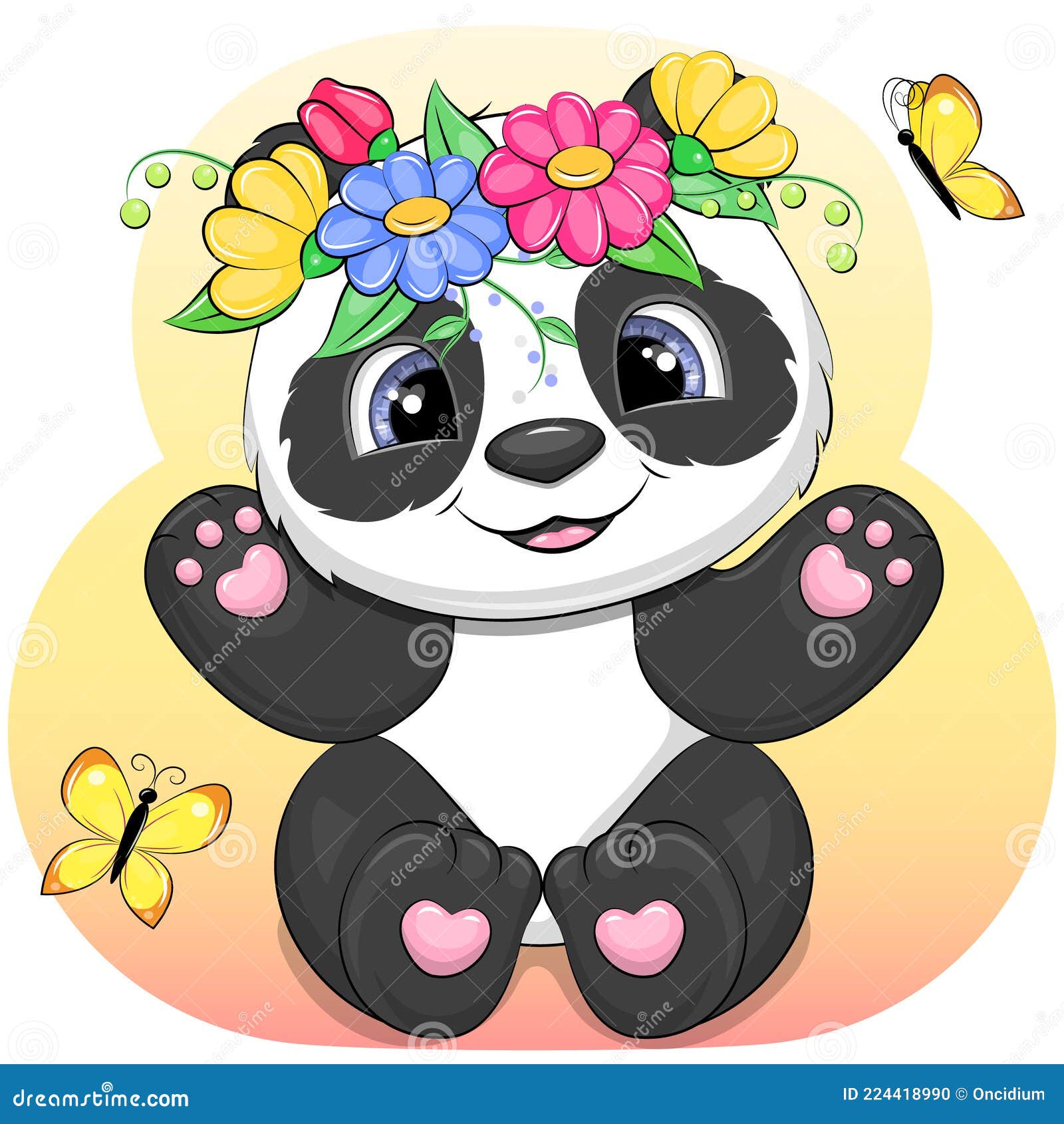 Panda De Dibujos Animados Adorables Con Flores Y Mariposas Ilustración del  Vector - Ilustración de alegre, feliz: 224418990