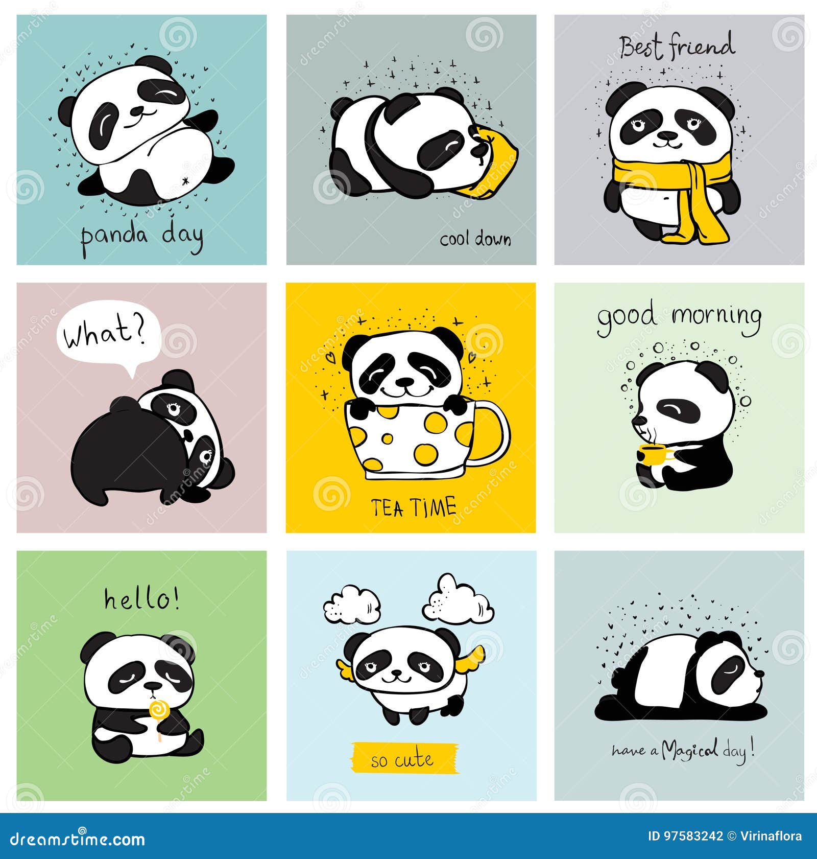 Panda doodle cards set stock vector. Illustration of ...