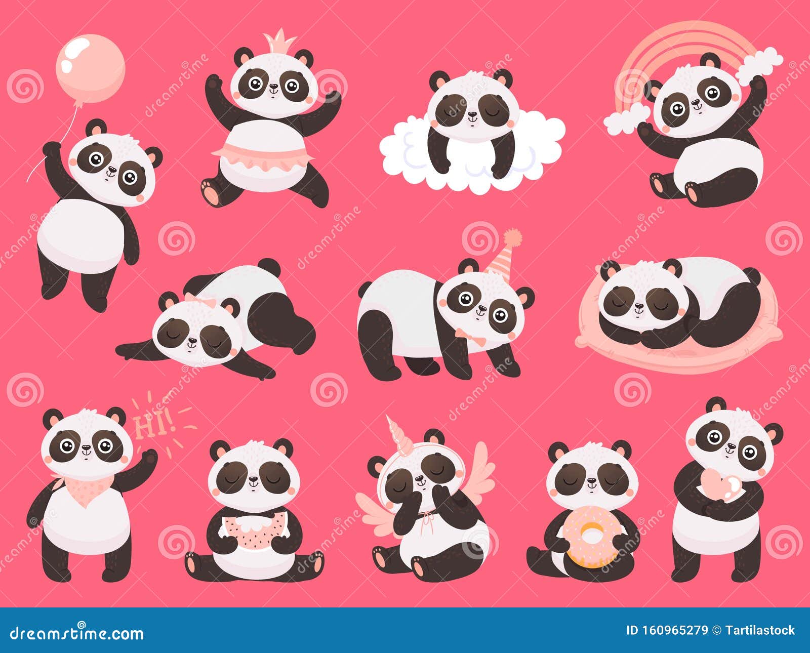 Filhos de panda dos desenhos animados. pequenos pandas, animais engraçados  com bambu e um fofo urso panda adormecido.