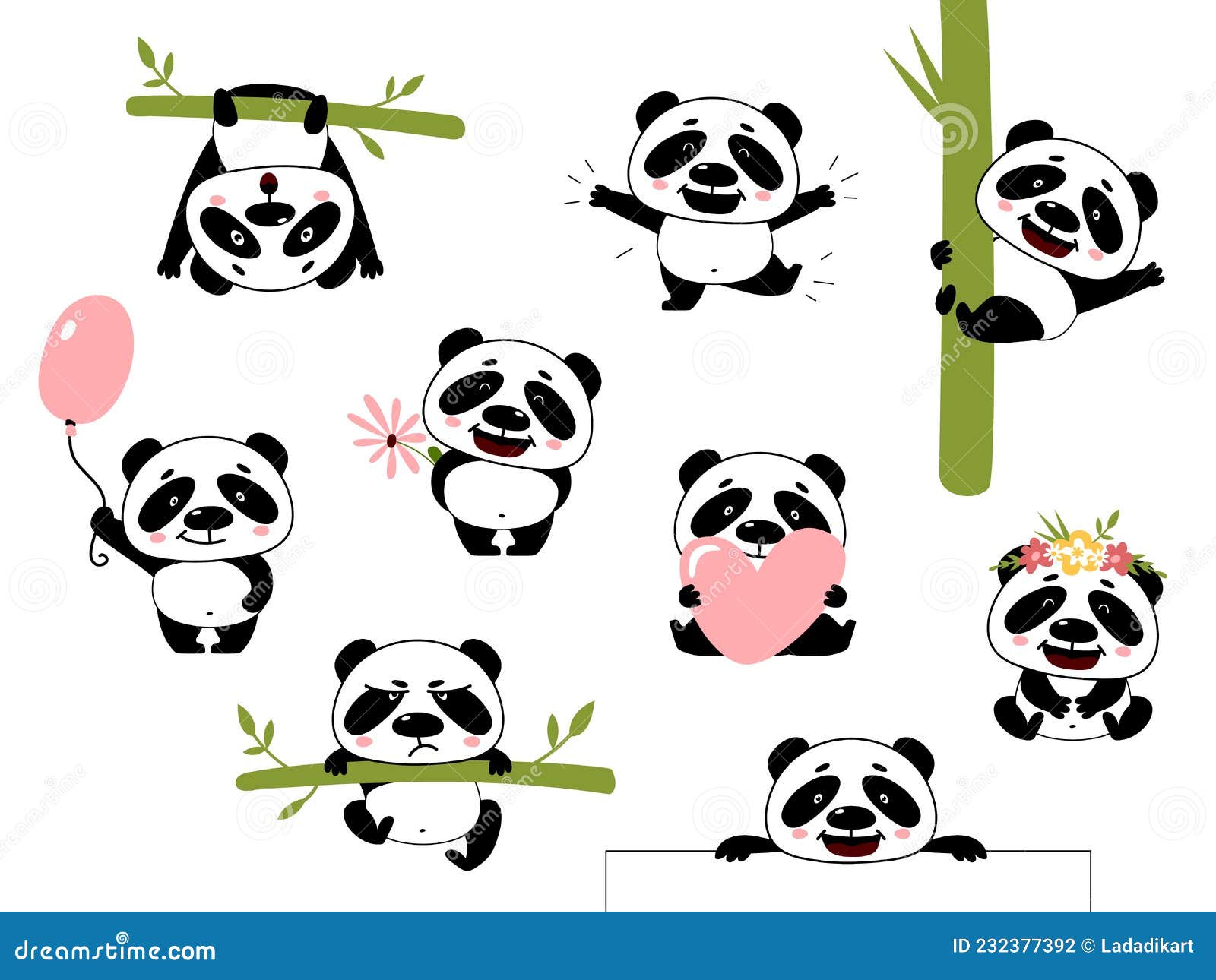 Filhos de panda dos desenhos animados. pequenos pandas, animais engraçados  com bambu e um fofo urso panda adormecido.