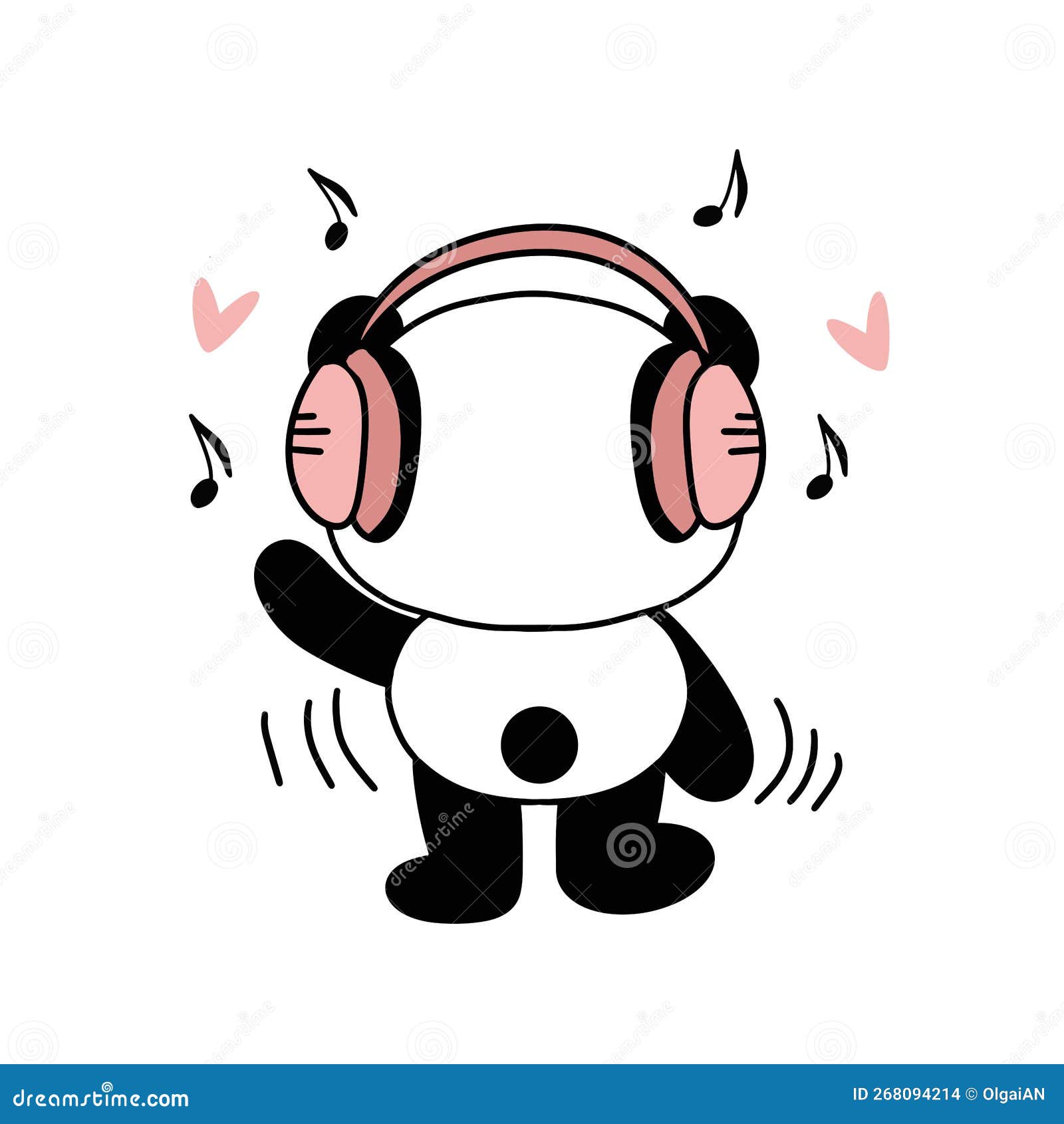 Menina panda bonito dos desenhos animados com fones de ouvido ouve