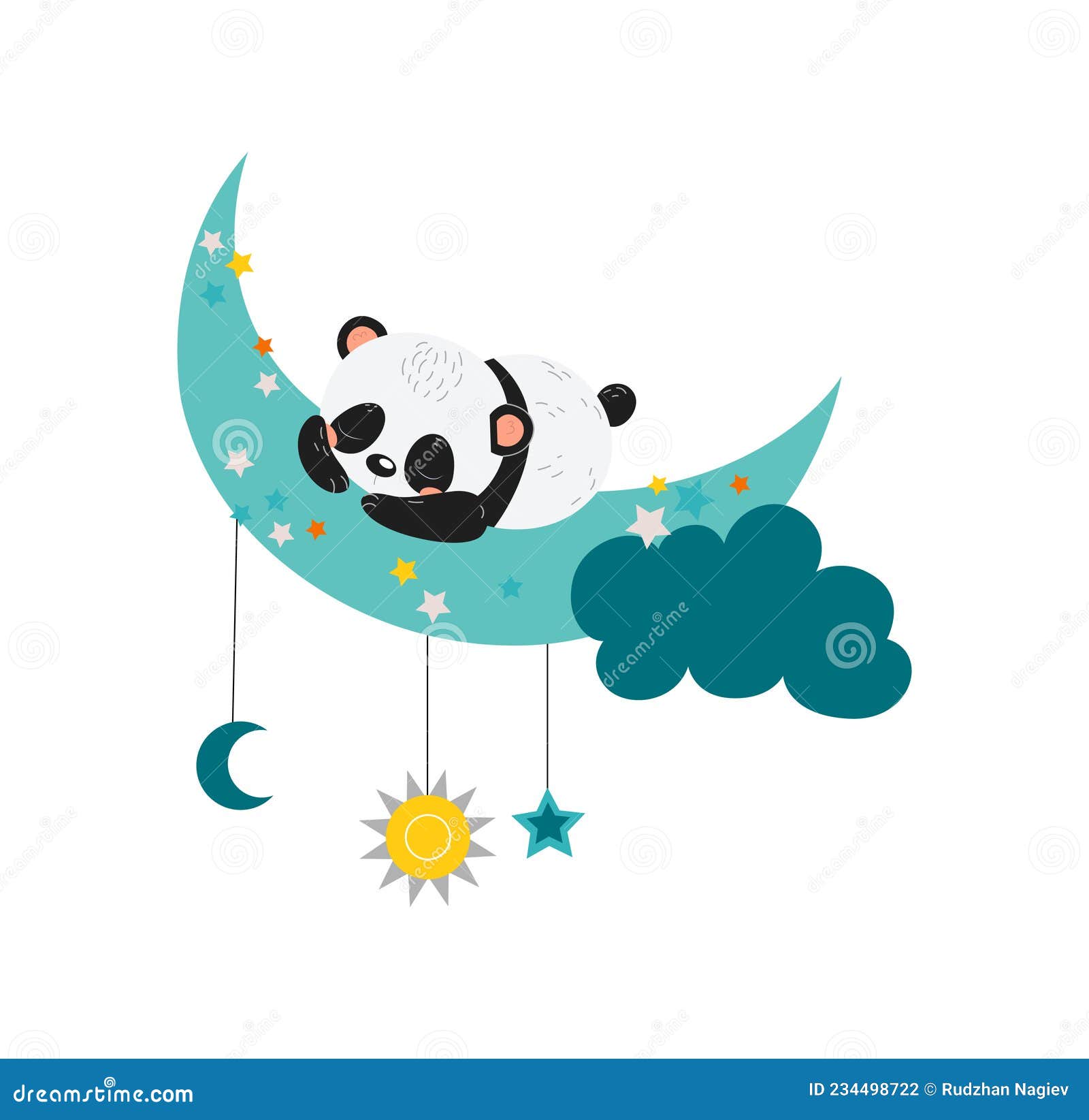 Bebê Panda Dorme Na Cama. Sonho. Noite E Estrelas. Ilustração