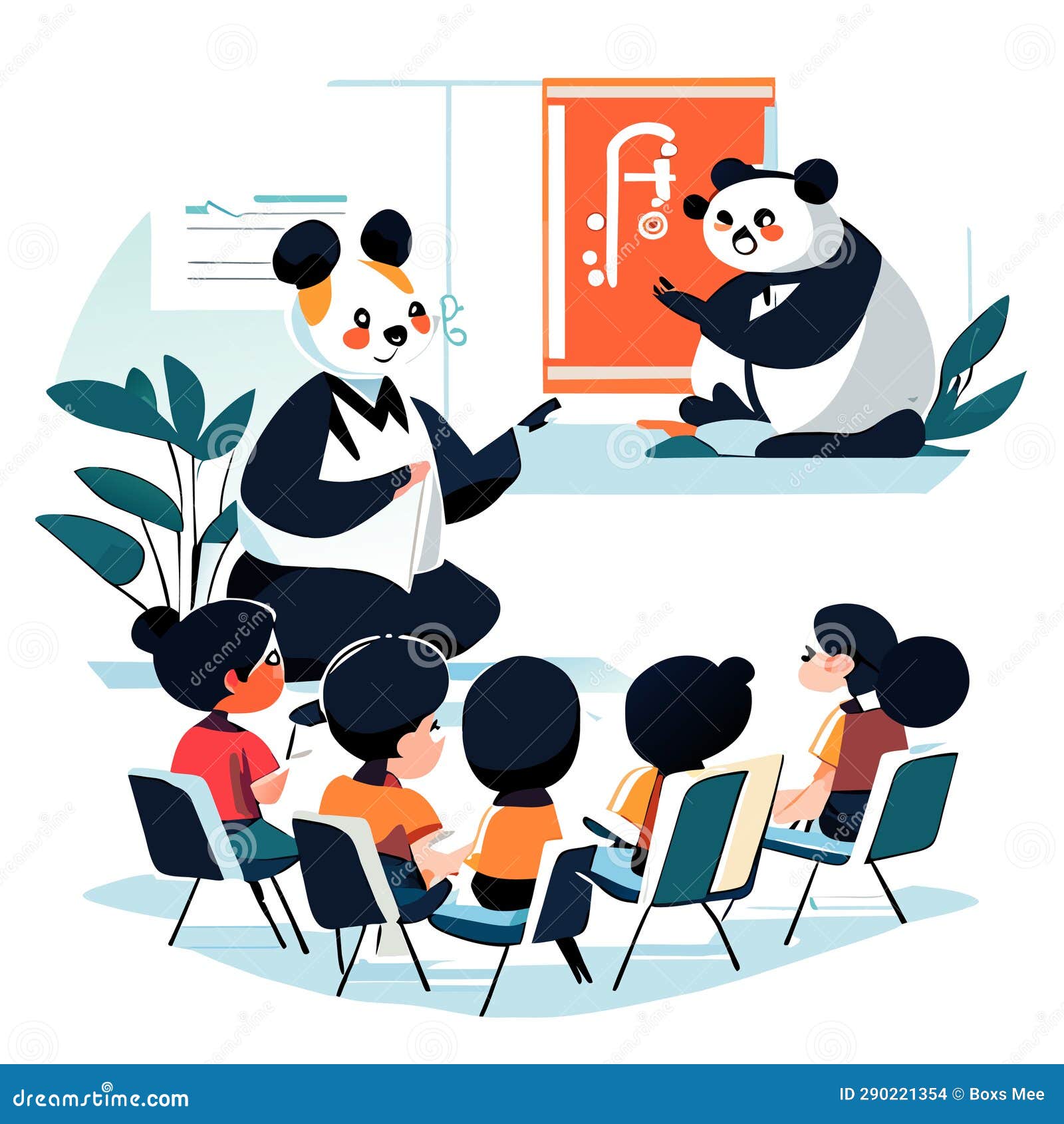 Panda Teacher with Students in the Classroom. Vector Illustration in a ...