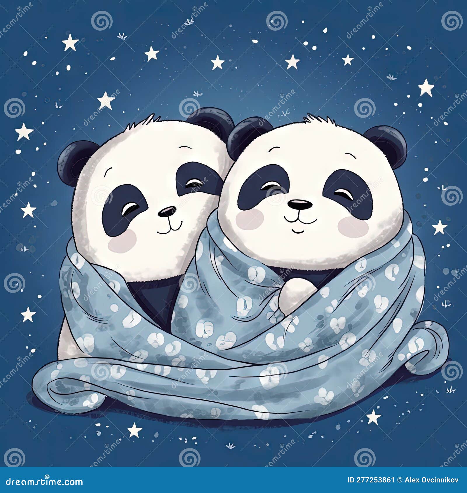 Pandas Endormis Coincés Sous Une Jolie Couverture étoilée. Parfait
