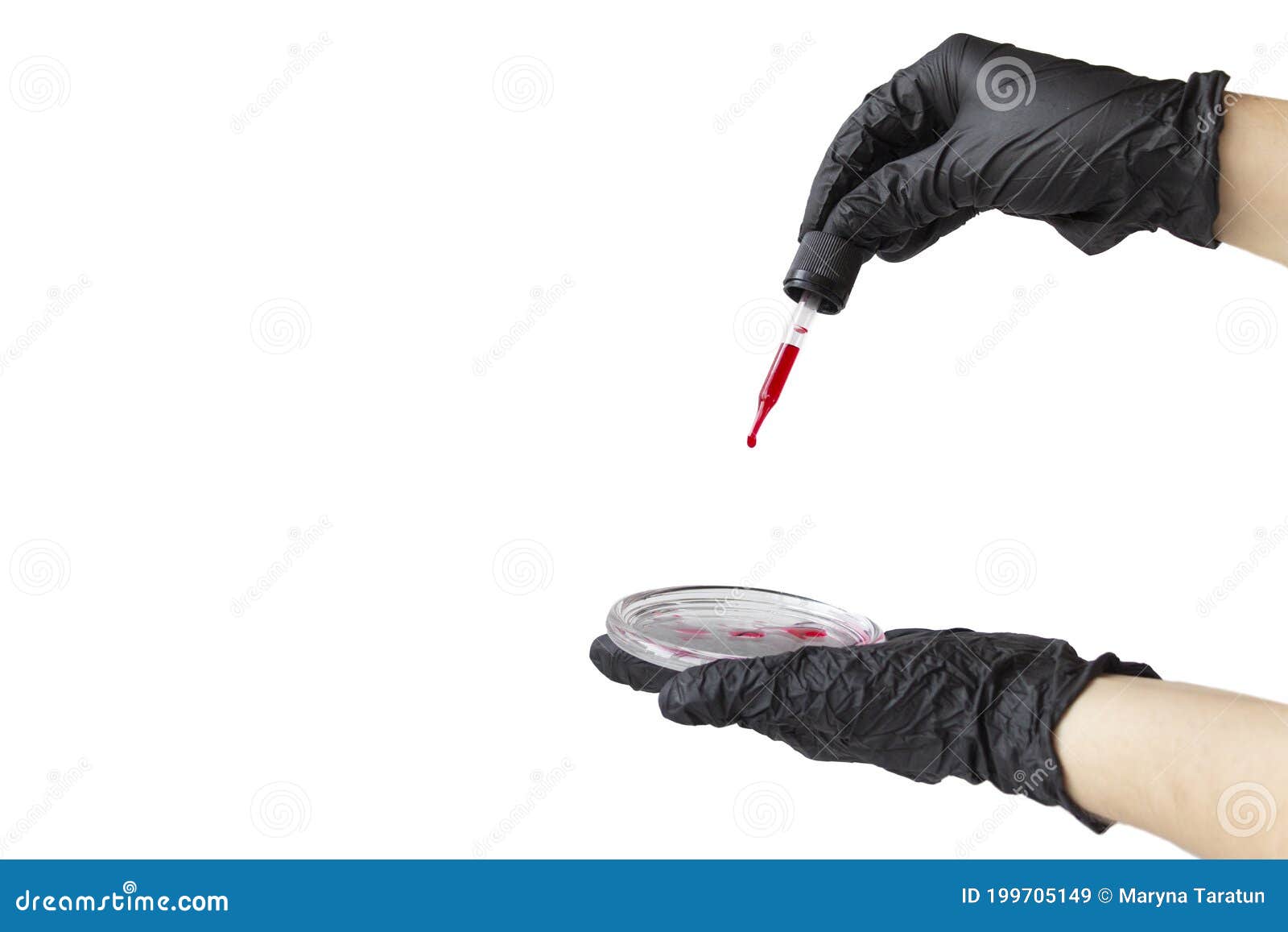 Pandemic Blood Test, Dropper with Red Liquid and Hands in Protective