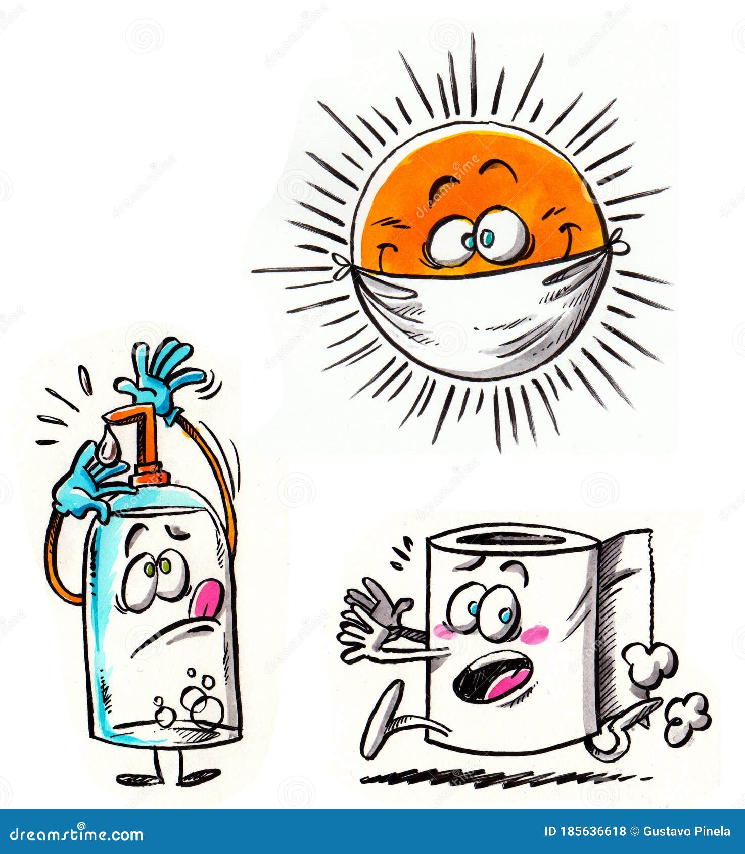 pandemic resources covid-19 virus disease; sun with mask, a roll of toilet, and a bottle of hydroalcoholic gel