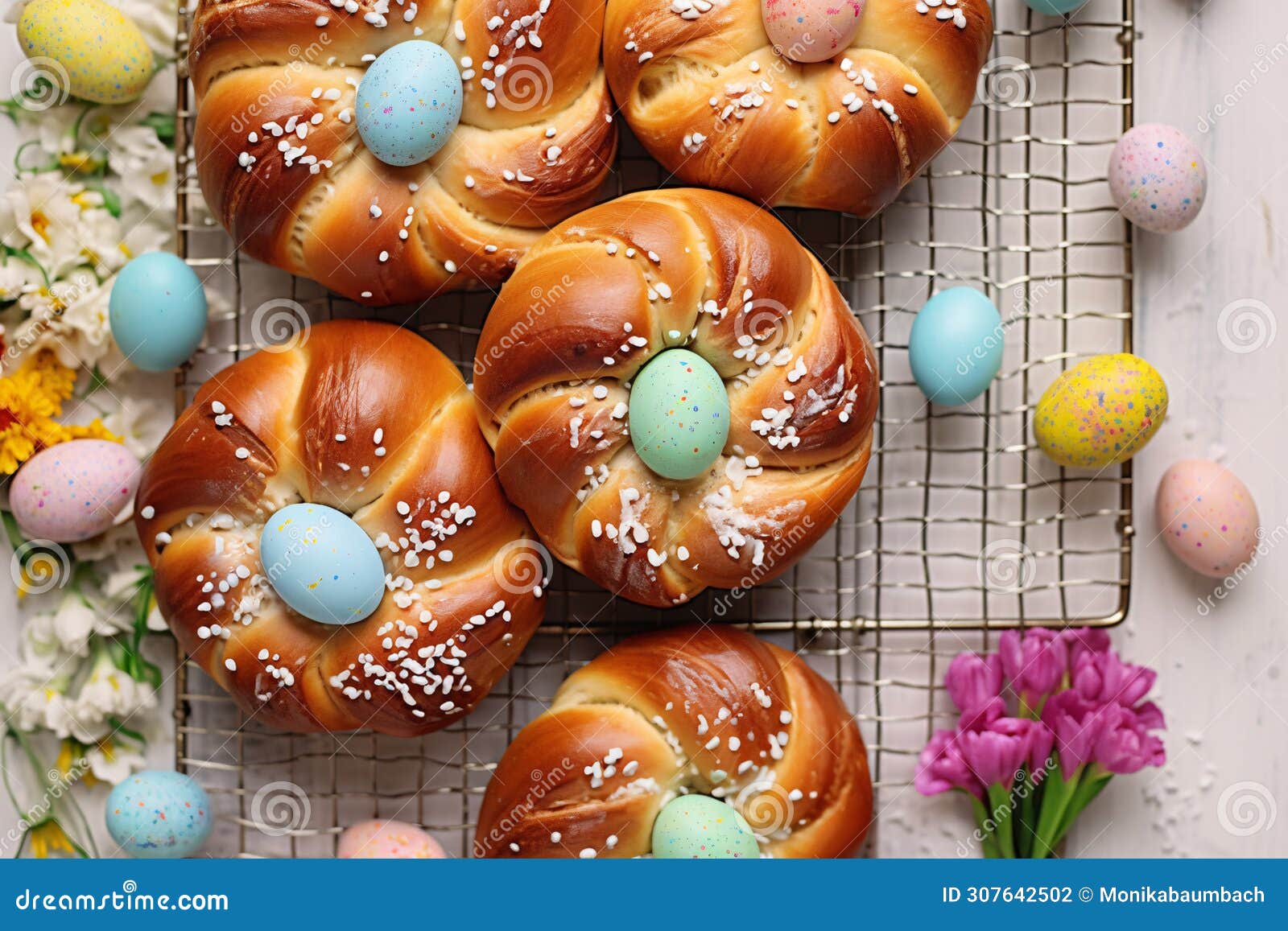 top view of pane di pasqua, traditional easter bread with easter eggs