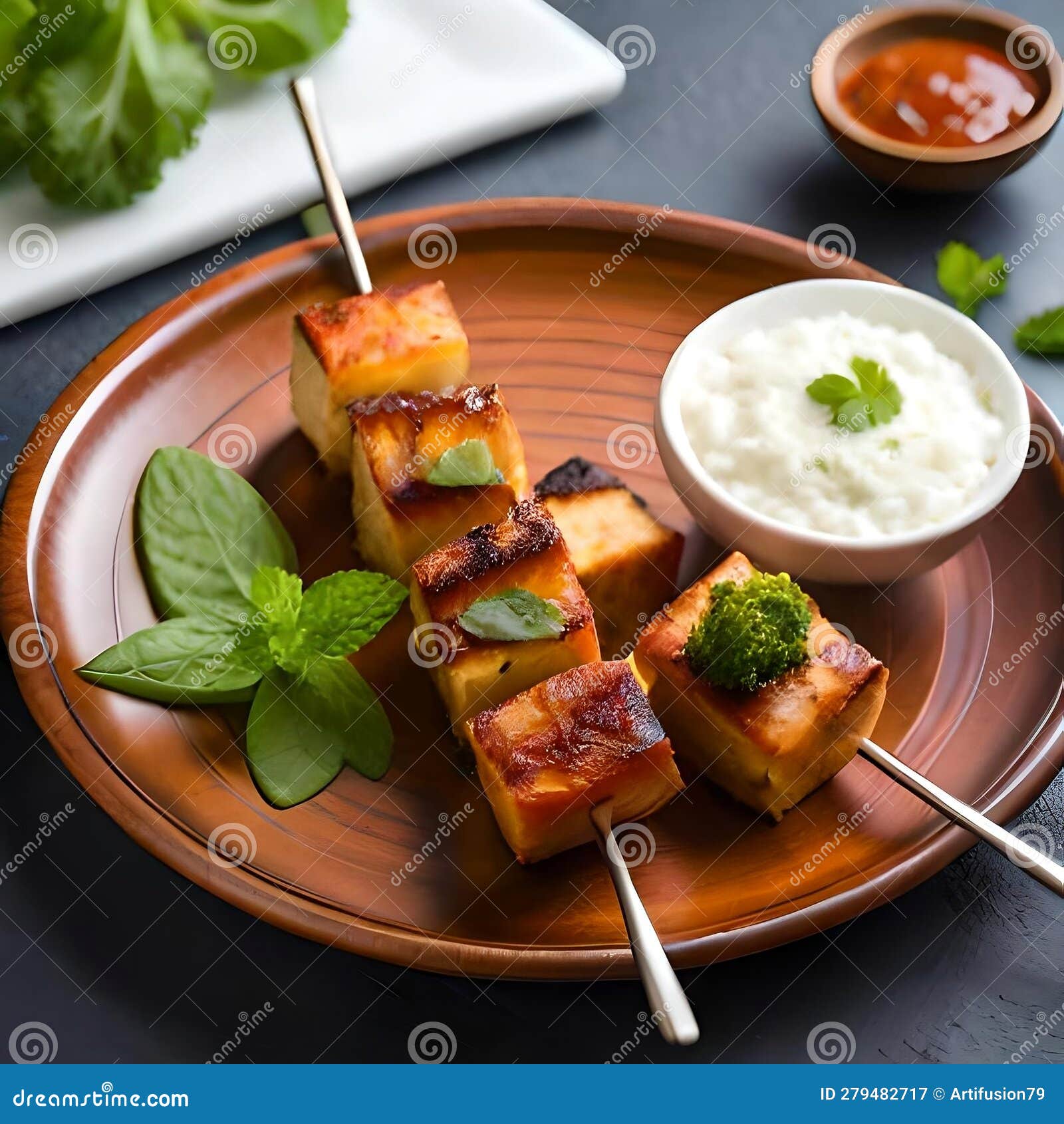 Paneer Tikka Delight with Mint Chutney by Generative AI Stock