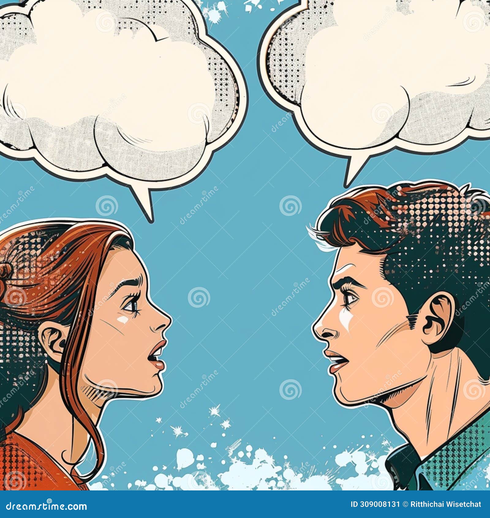 comic strip style artwork showing close-ups of a people's shocked expression and empty speech bubbles with halftone detail