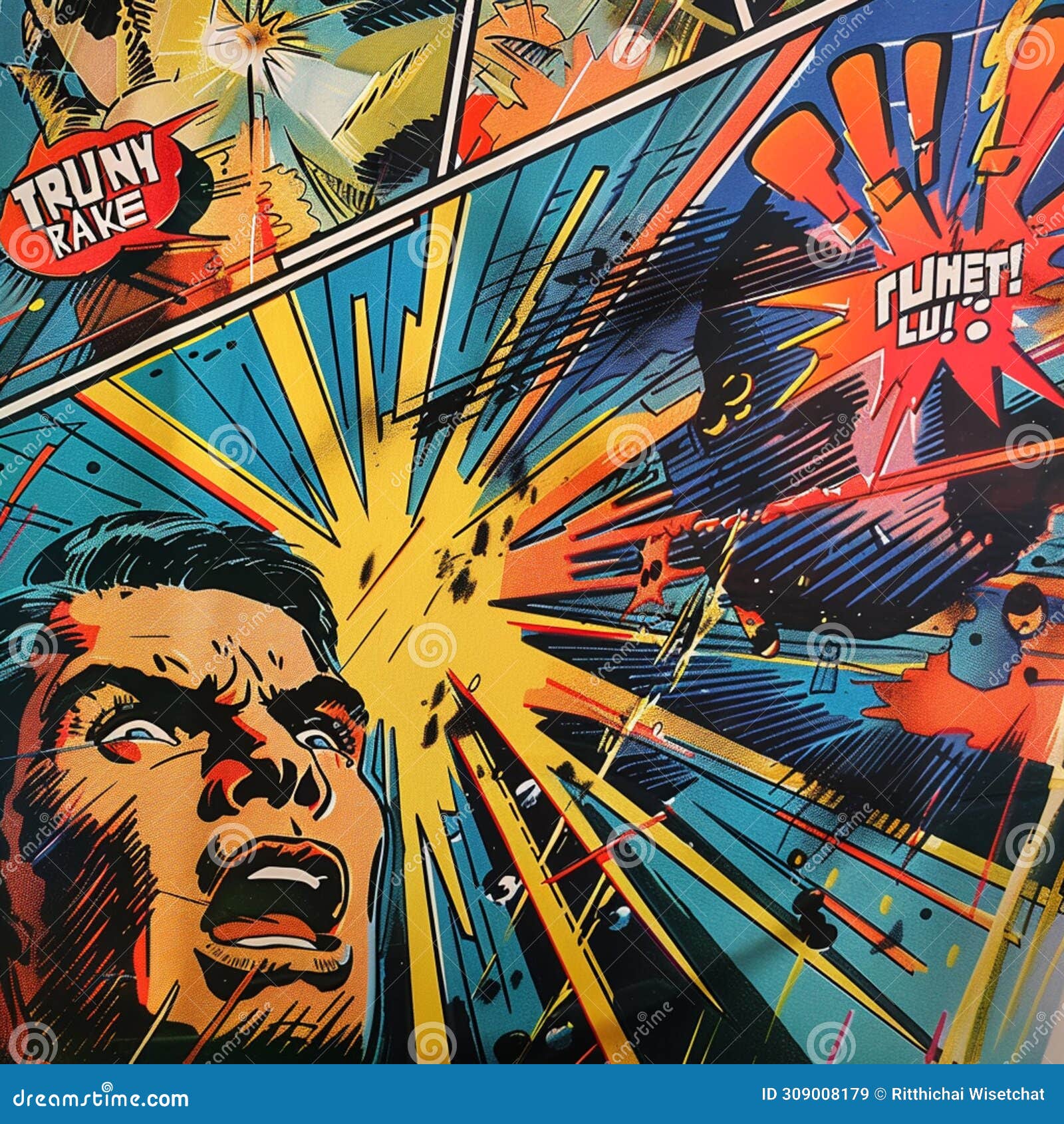 comic strip style artwork showing close-ups of a people's shocked expression and empty speech bubbles with halftone detail