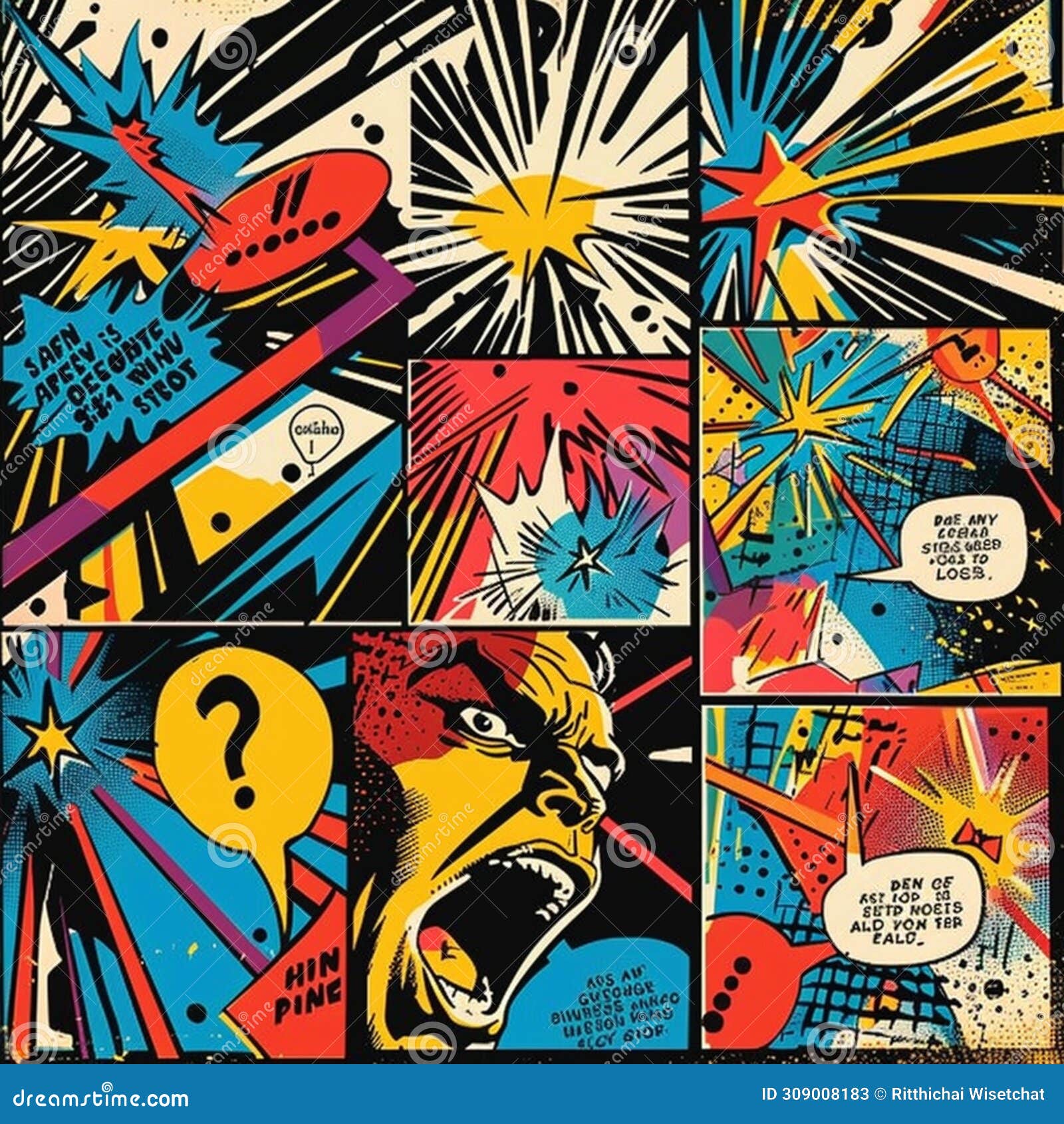 comic strip style artwork showing close-ups of a people's shocked expression and empty speech bubbles with halftone detail