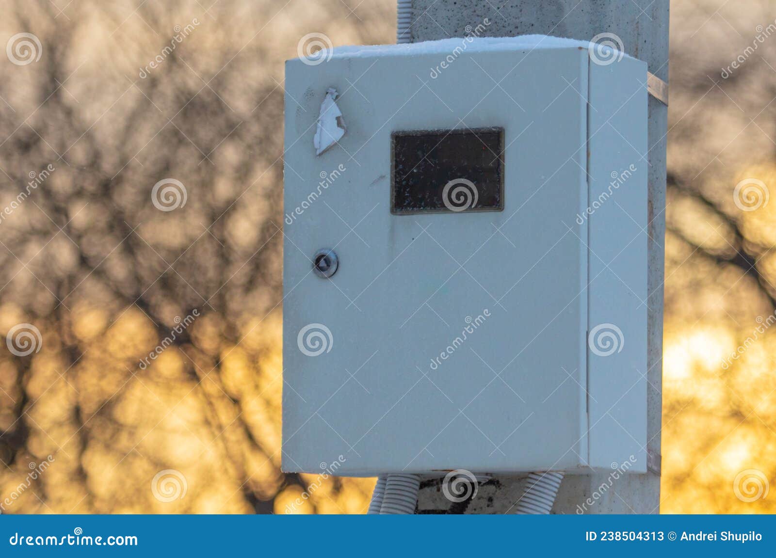 A Panel with an Electric Meter on a Pole Stock Image Image of white