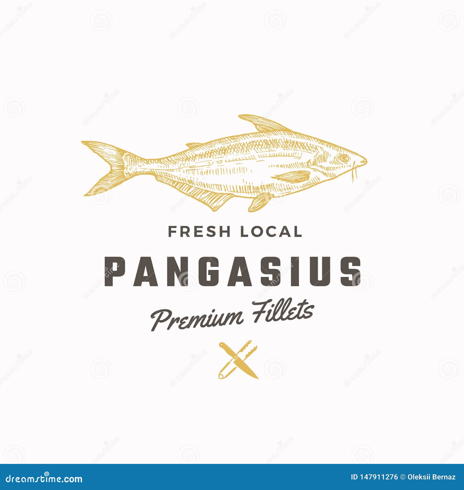 pangasius abstract  sign,  or logo template. hand drawn basa fish with classy retro typography. tongs and