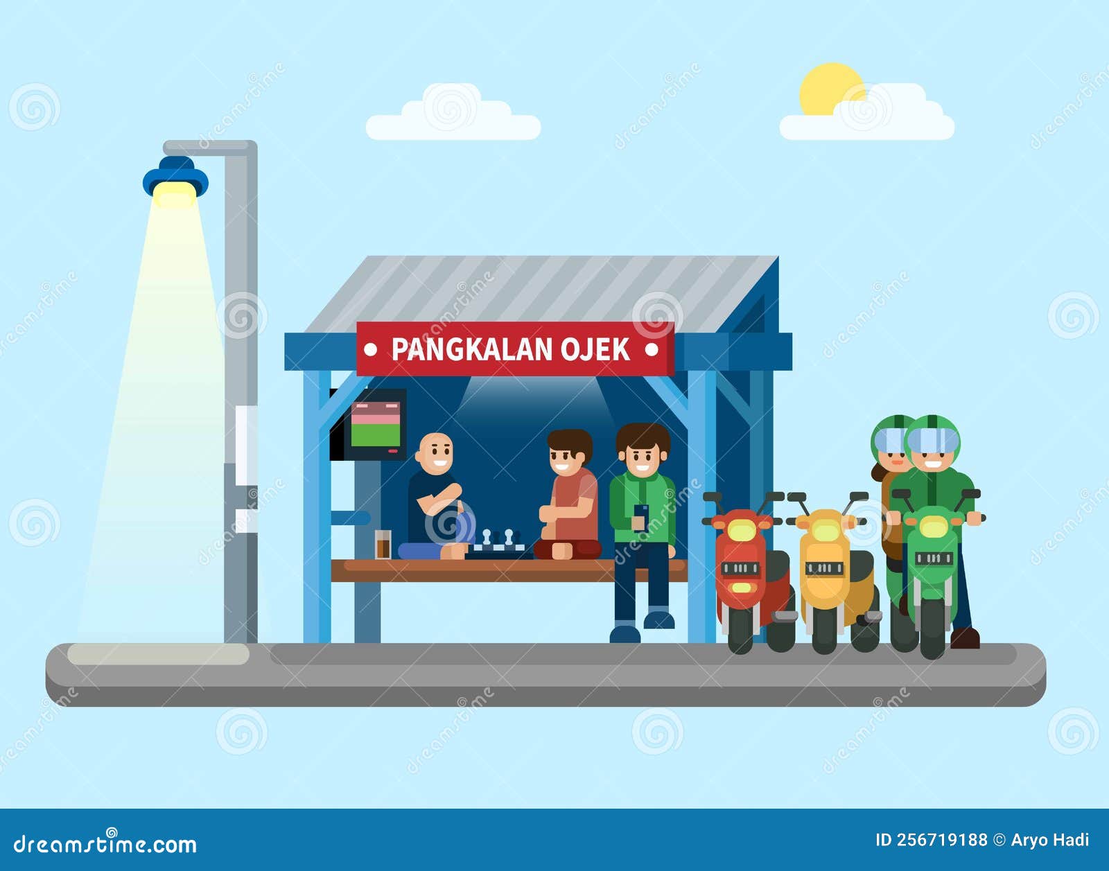 pangkalan ojek is indonesian taxi bike station building scene  