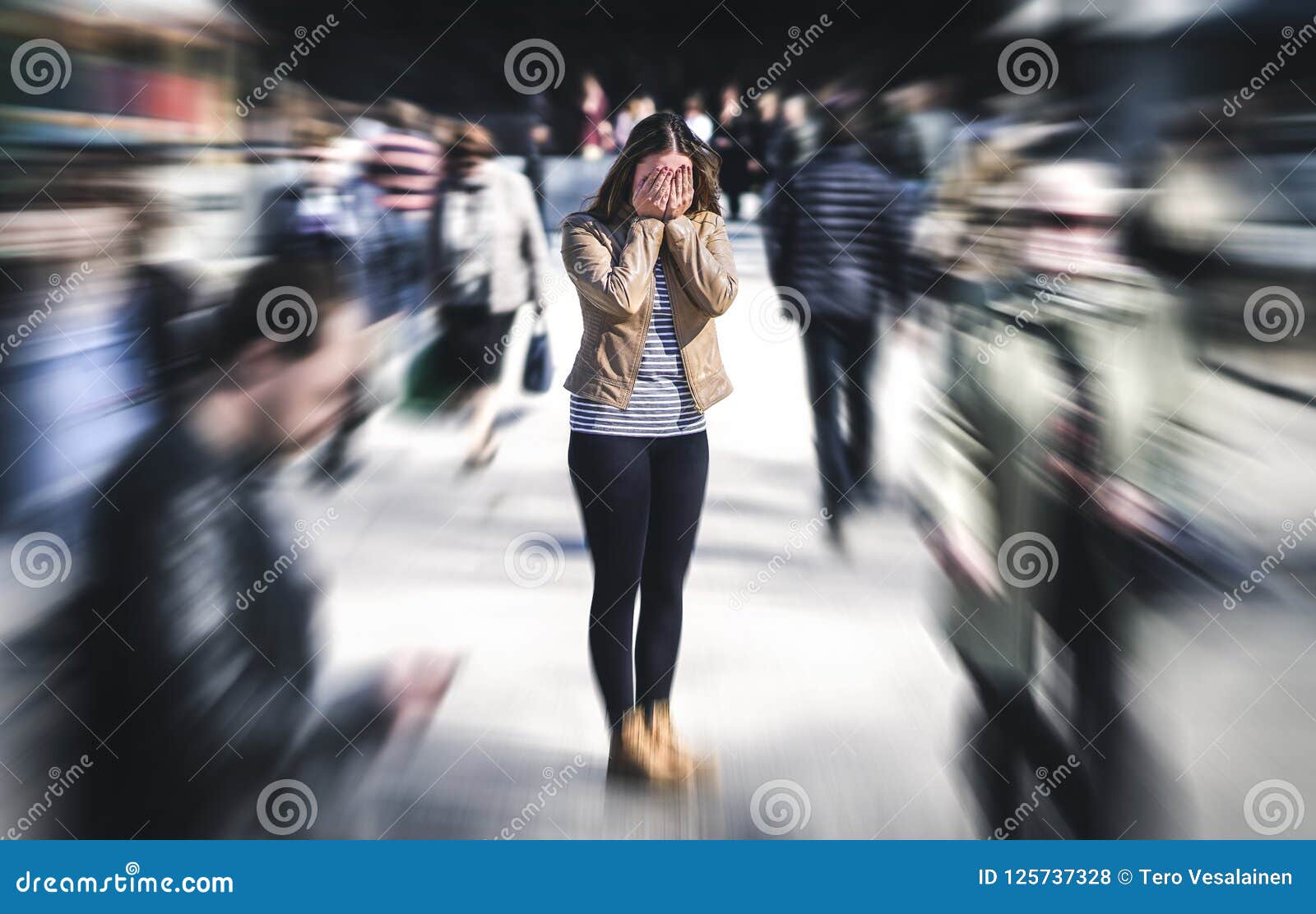 panic attack in public place. woman having panic disorder.