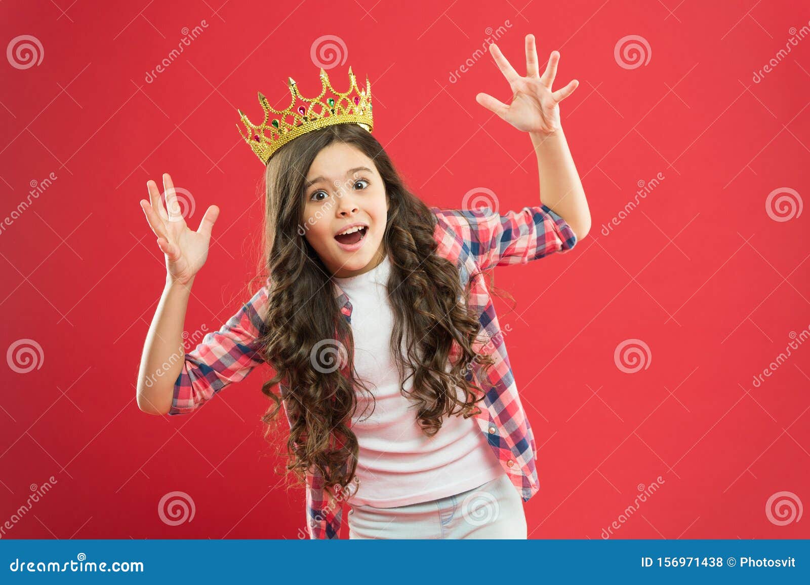In Panic. Scared Champion. Crowned Champion with Crown on Red Background. Funky Small Child Got Champion Tittle Stock Photo - Image of happy, 156971438