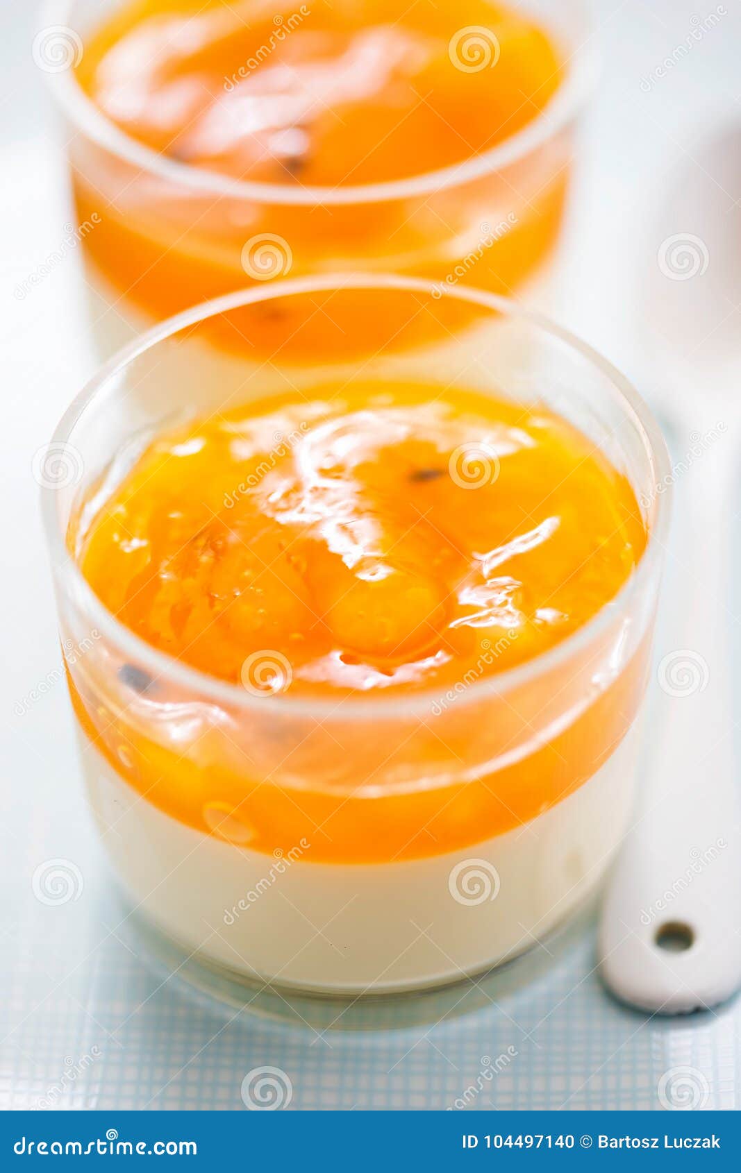 Panna Cotta Dessert with Mango and Passion Fruit Jelly Stock Photo