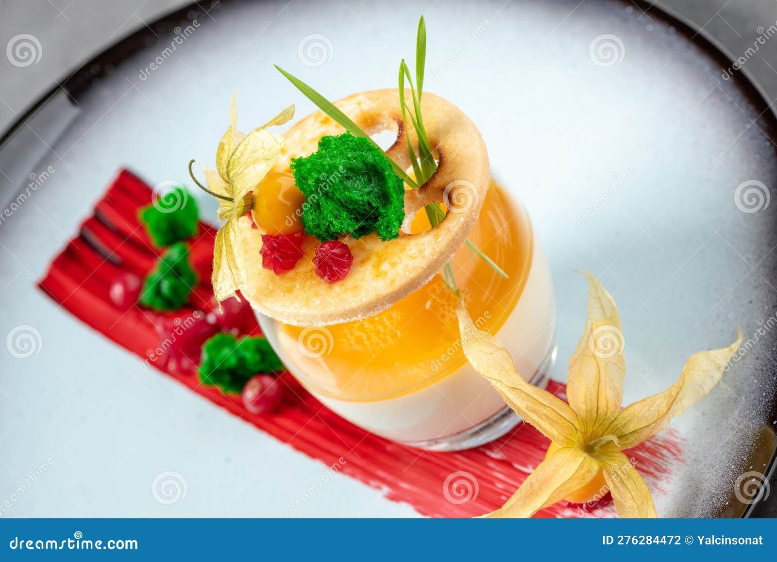 Panna Cotta on Stone Table in Fine Dining Restaurant Stock Photo