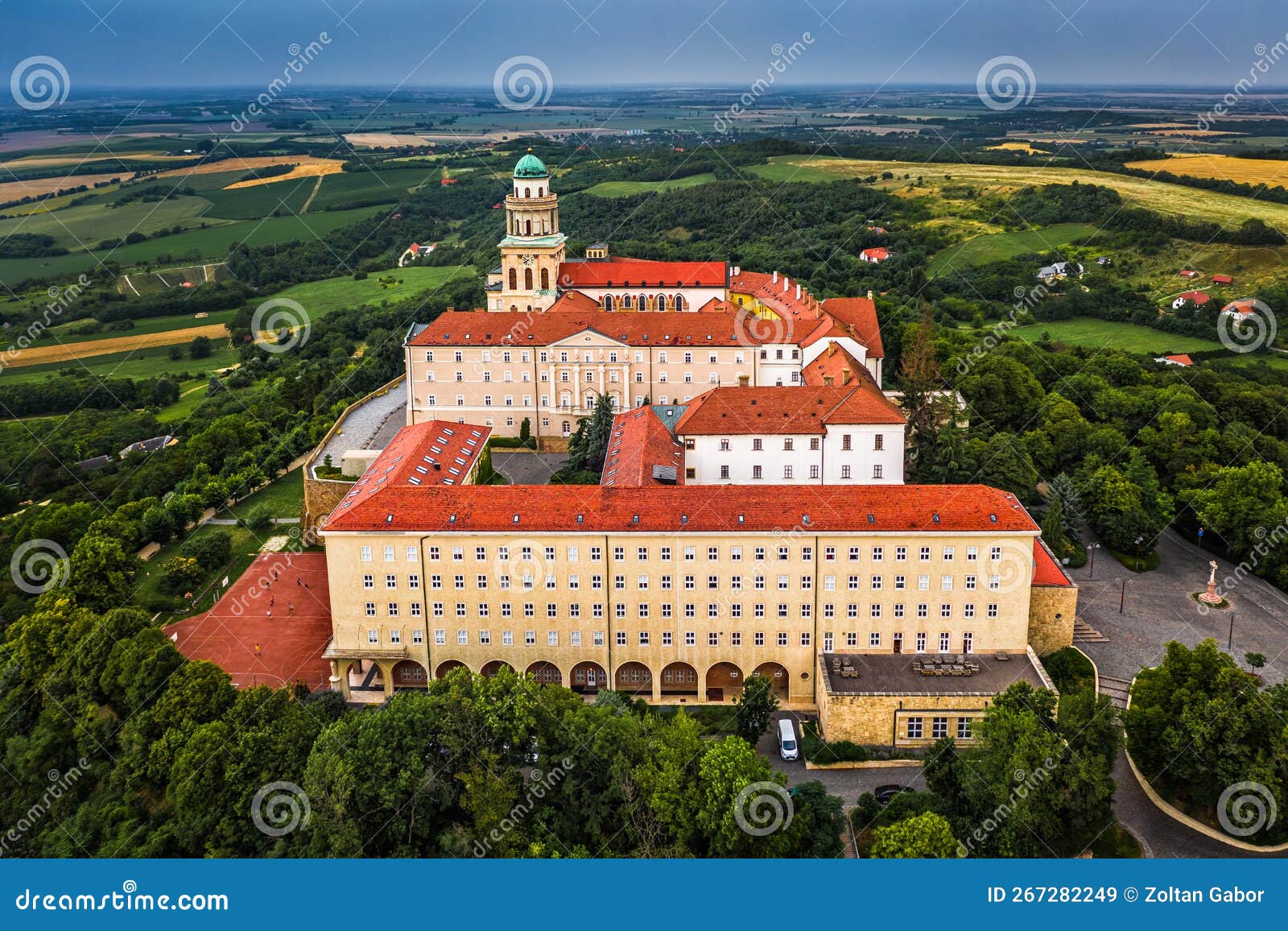 pannonhalma, hungary - aerial view of the beautiful millenary benedictine abbey of pannonhalma pannonhalmi apatsag with blue sky