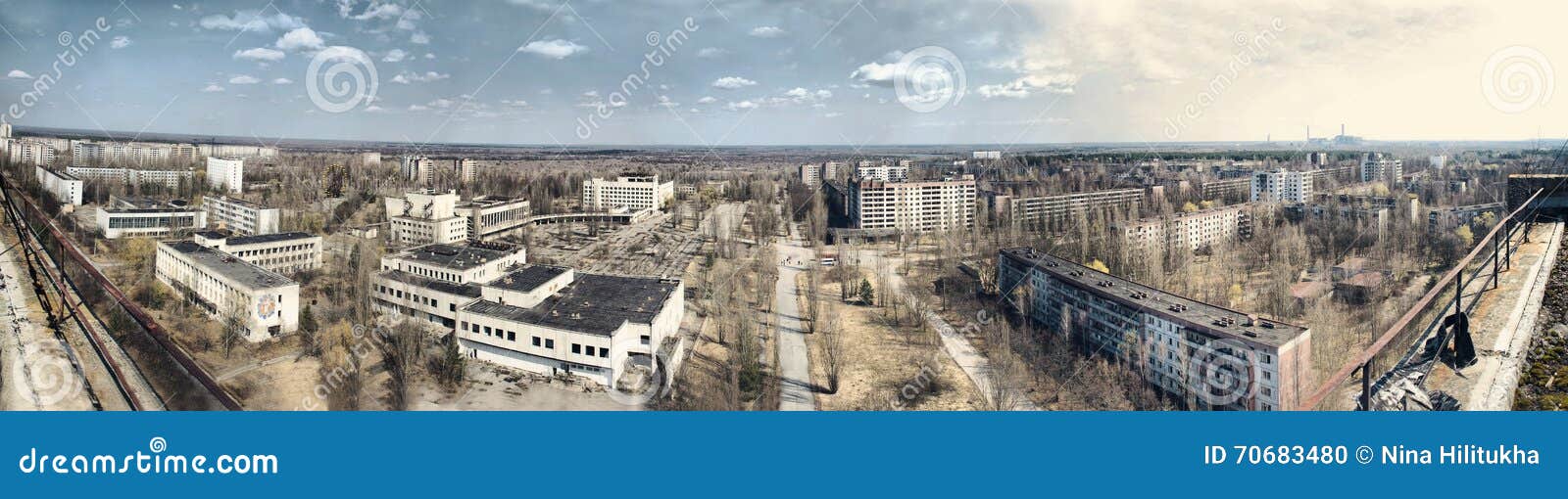 panorama of abandoned chernobyl from rooftop on nuclear power pl